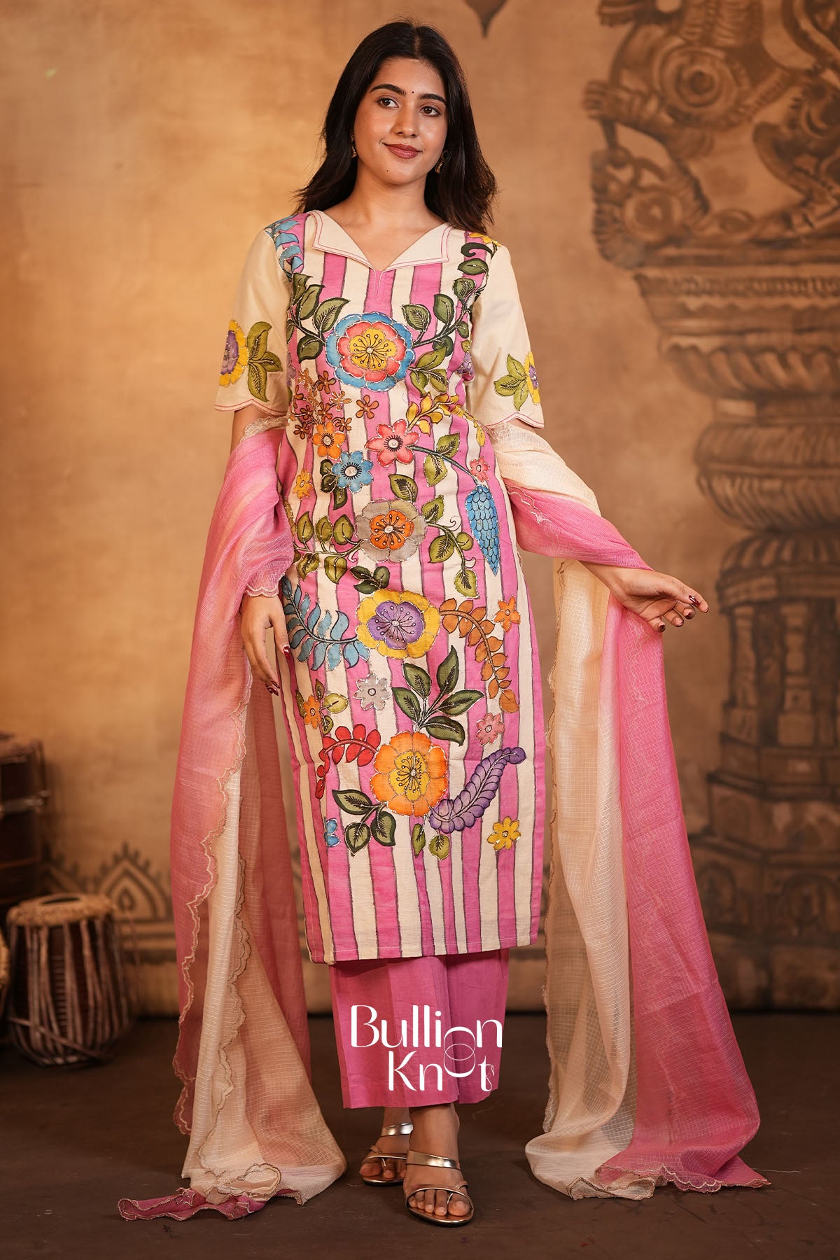Vastrakalam Kalamkari Handwork Pink Kurta Set