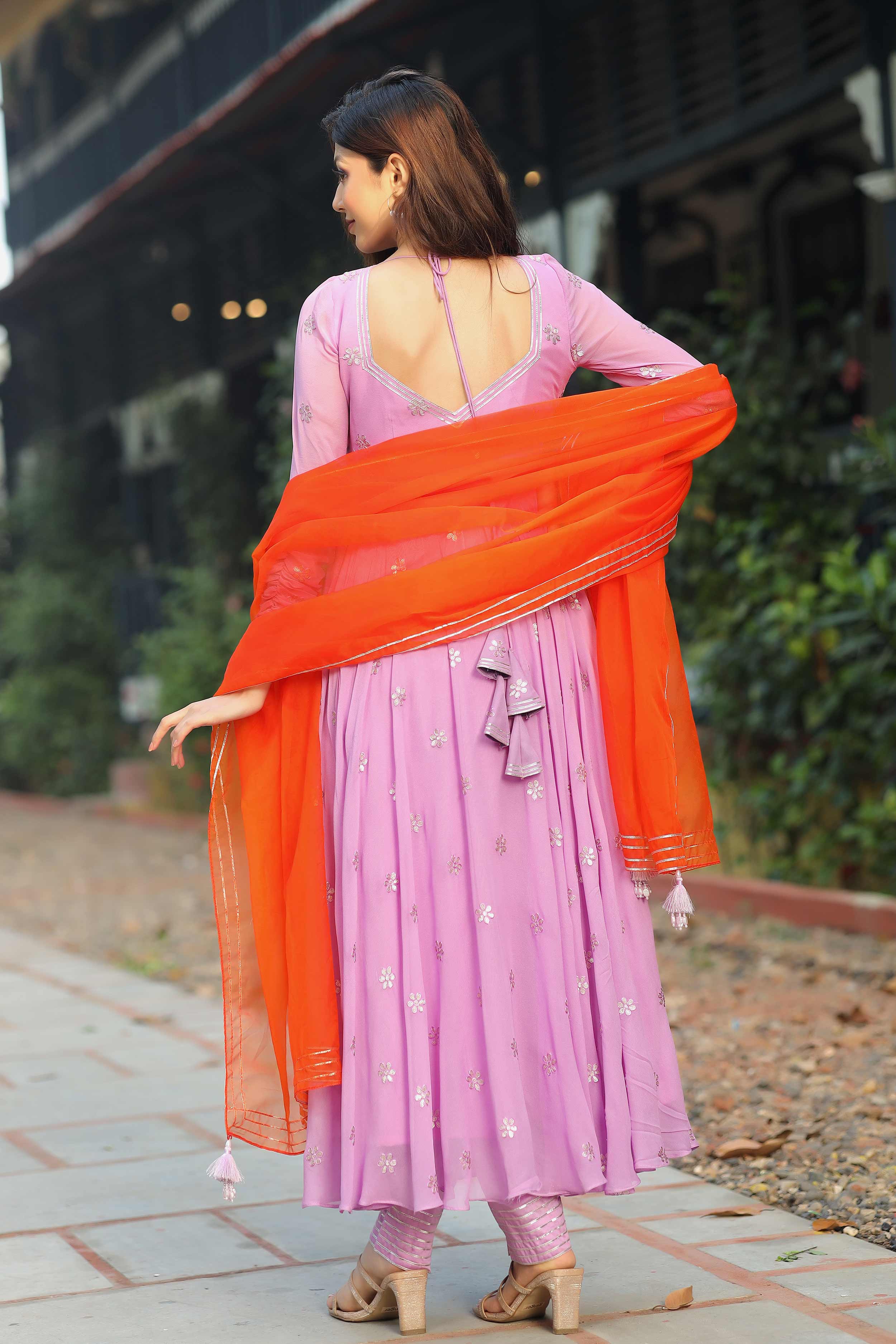 Lavender Dress with Orange Dupatta
