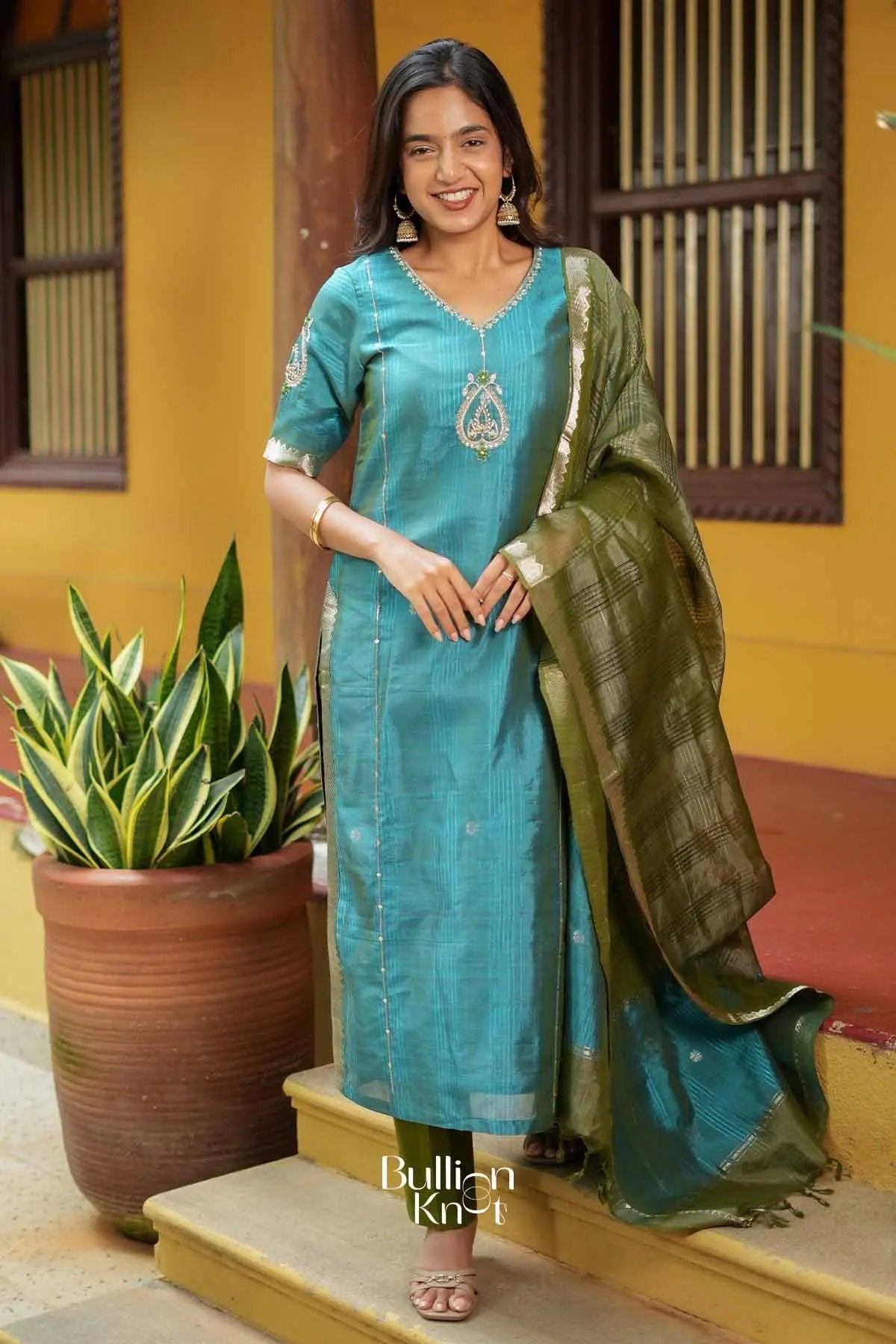 Avantika | Pure Mangalagiri Peacock Blue Kurta Suit Set for Traditional Occasions