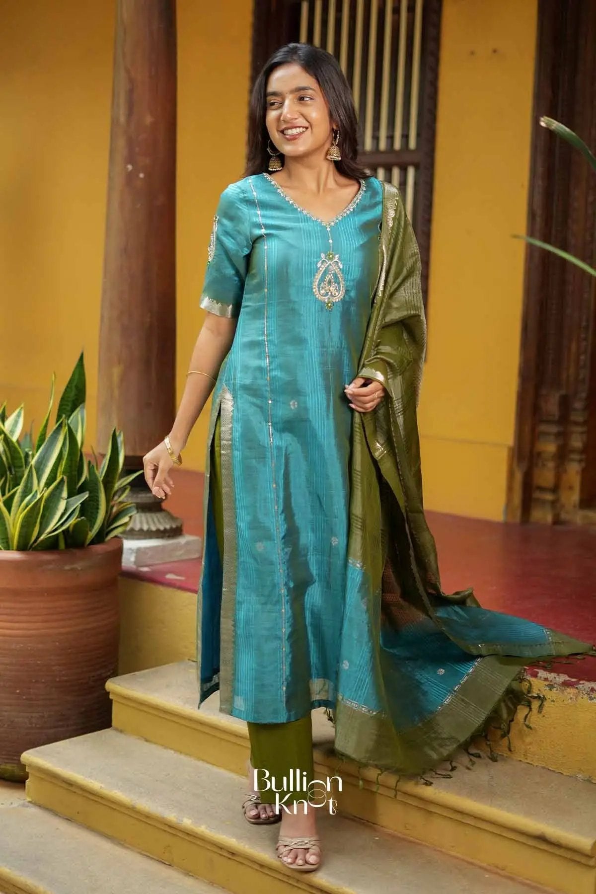 Avantika | Pure Mangalagiri Peacock Blue Kurta Suit Set for Traditional Occasions