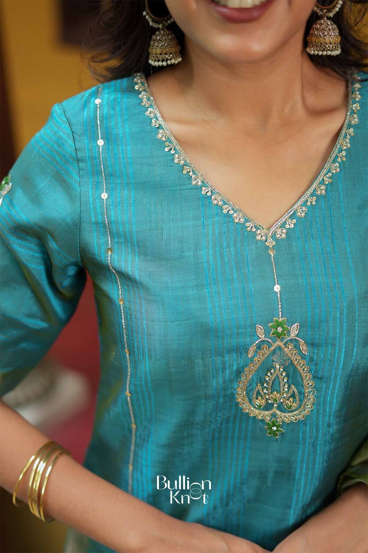 Avantika | Pure Mangalagiri Peacock Blue Kurta Suit Set for Traditional Occasions