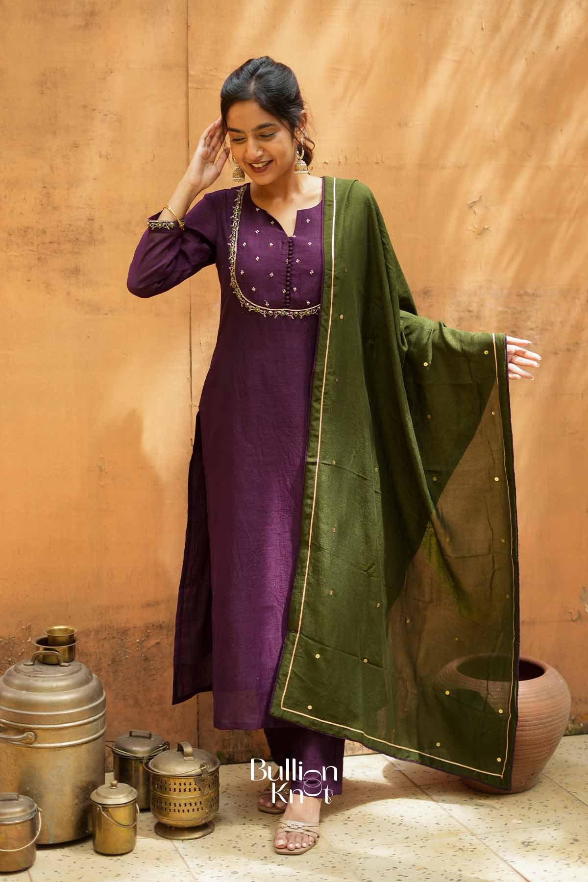 Kadambari | Wine Purple Straight Kurta Set with Contrast Dupatta for Festive Gatherings