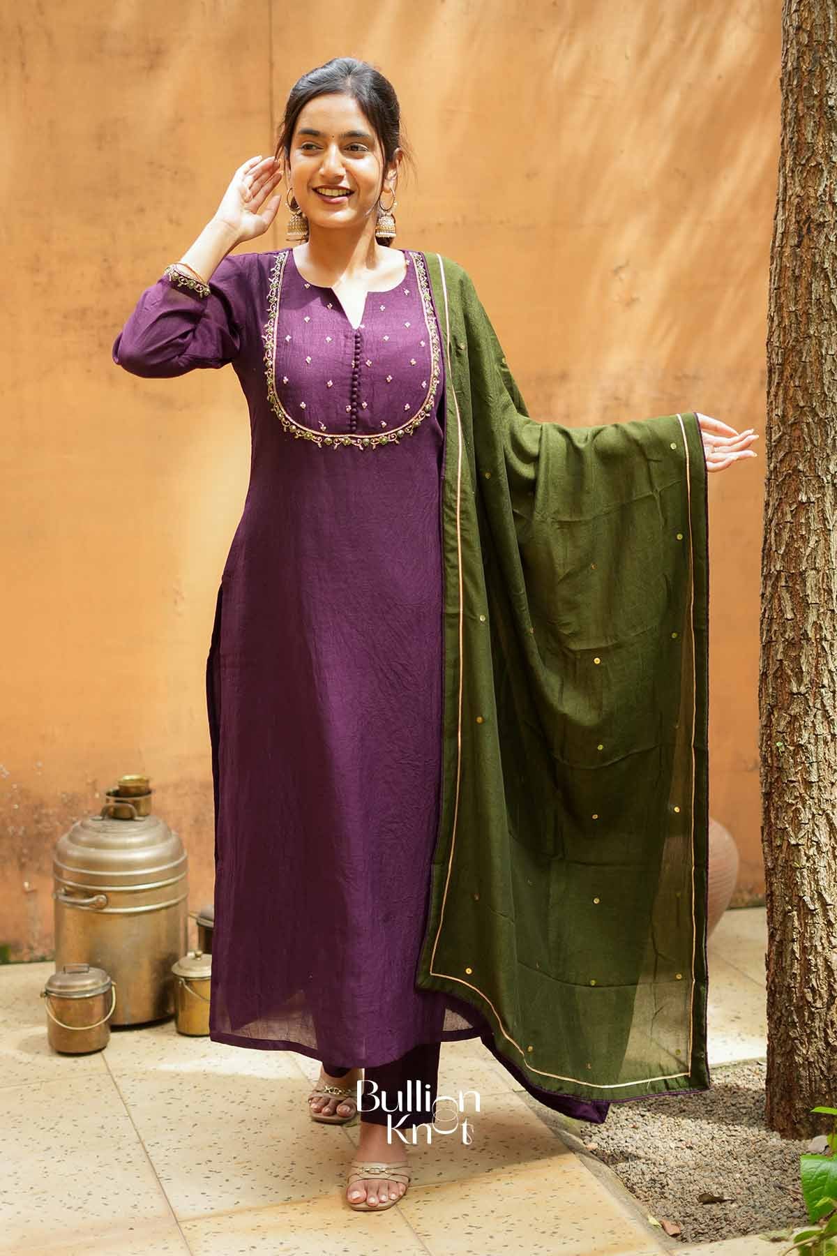 Kadambari | Wine Purple Straight Kurta Set with Contrast Dupatta for Festive Gatherings