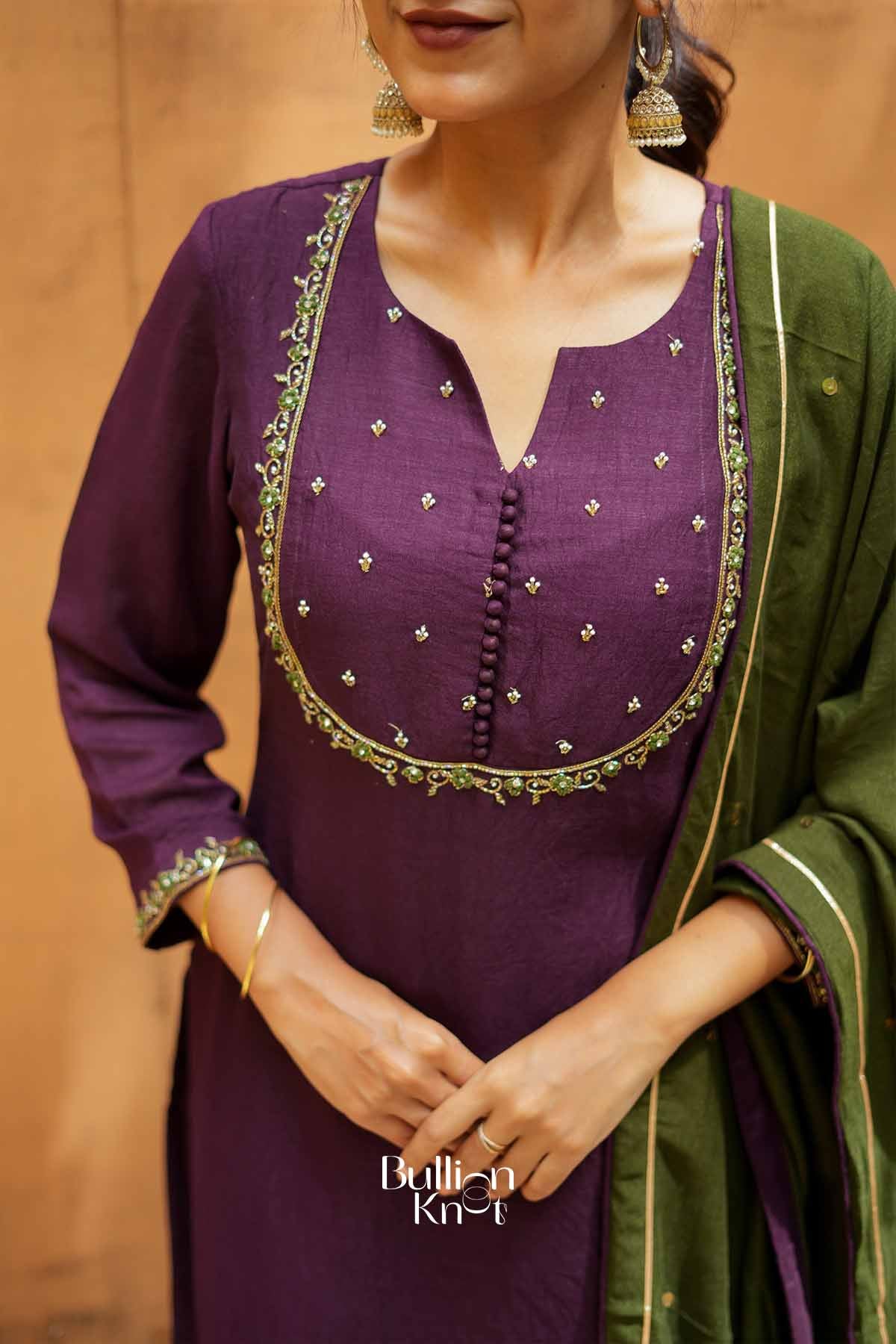 Kadambari | Wine Purple Straight Kurta Set with Contrast Dupatta for Festive Gatherings