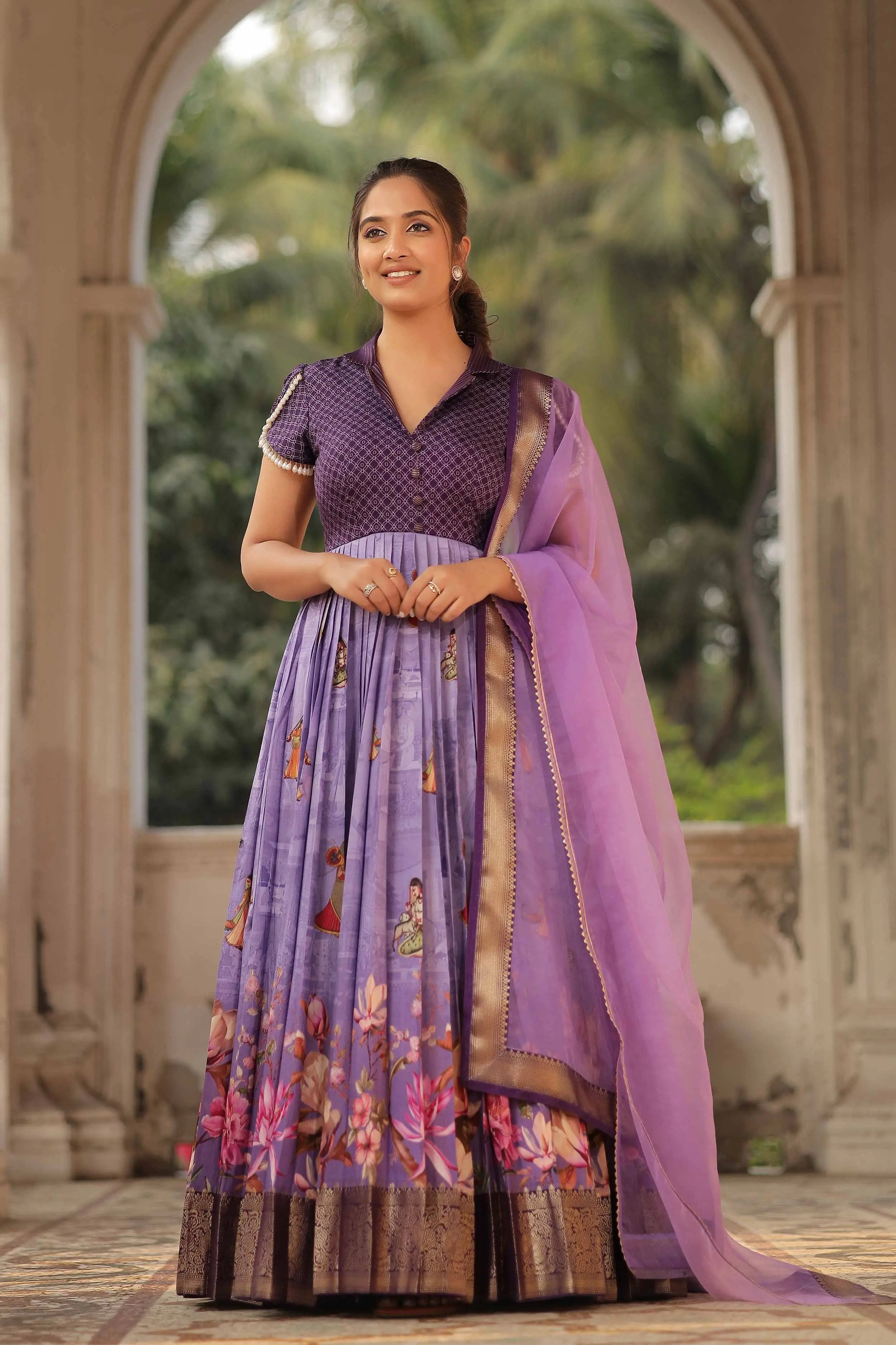 Begani Lavender Floral Silk Anarkali Set - Bullionknot