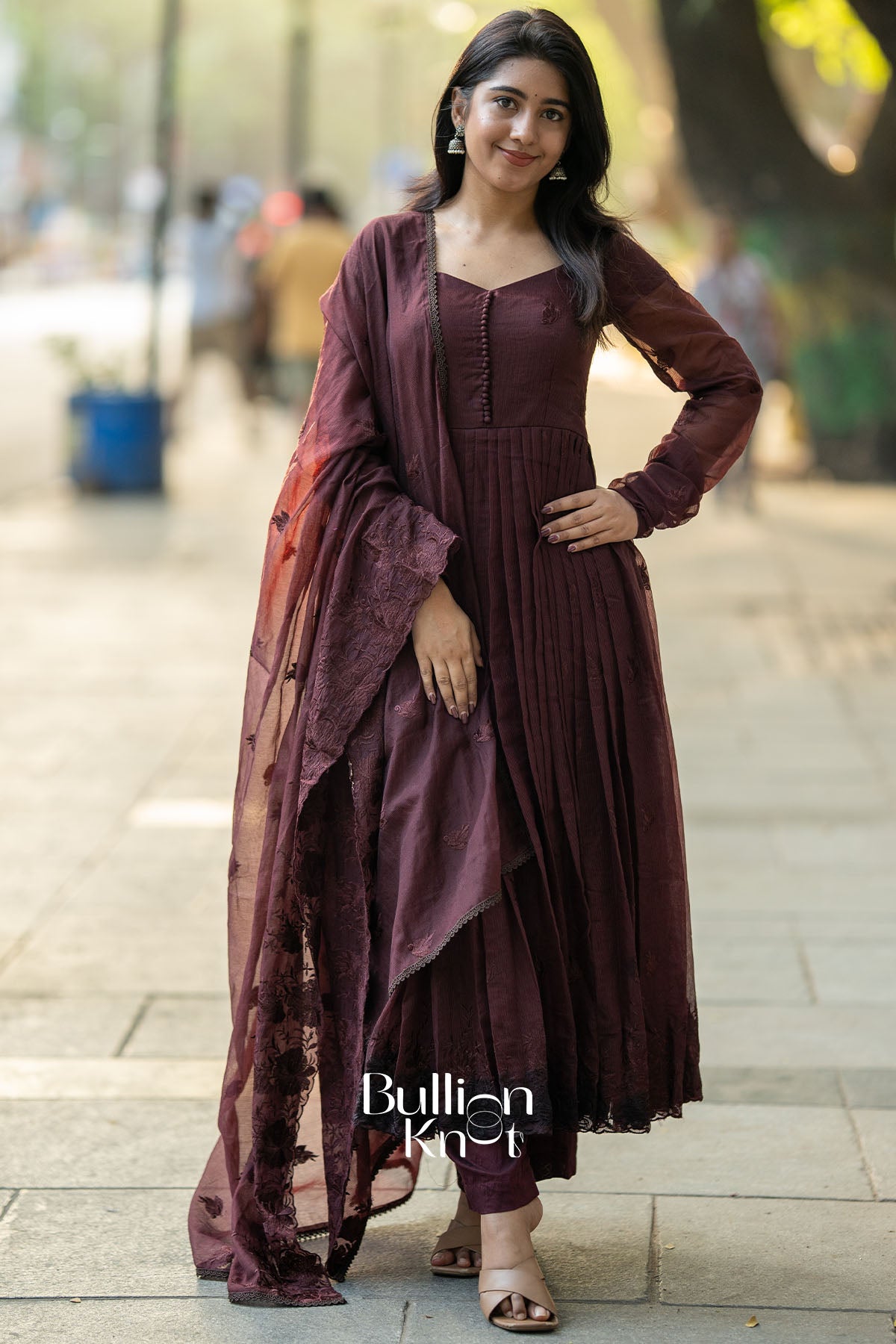 Brown Kota Embroidered Anarkali Set with Dupatta