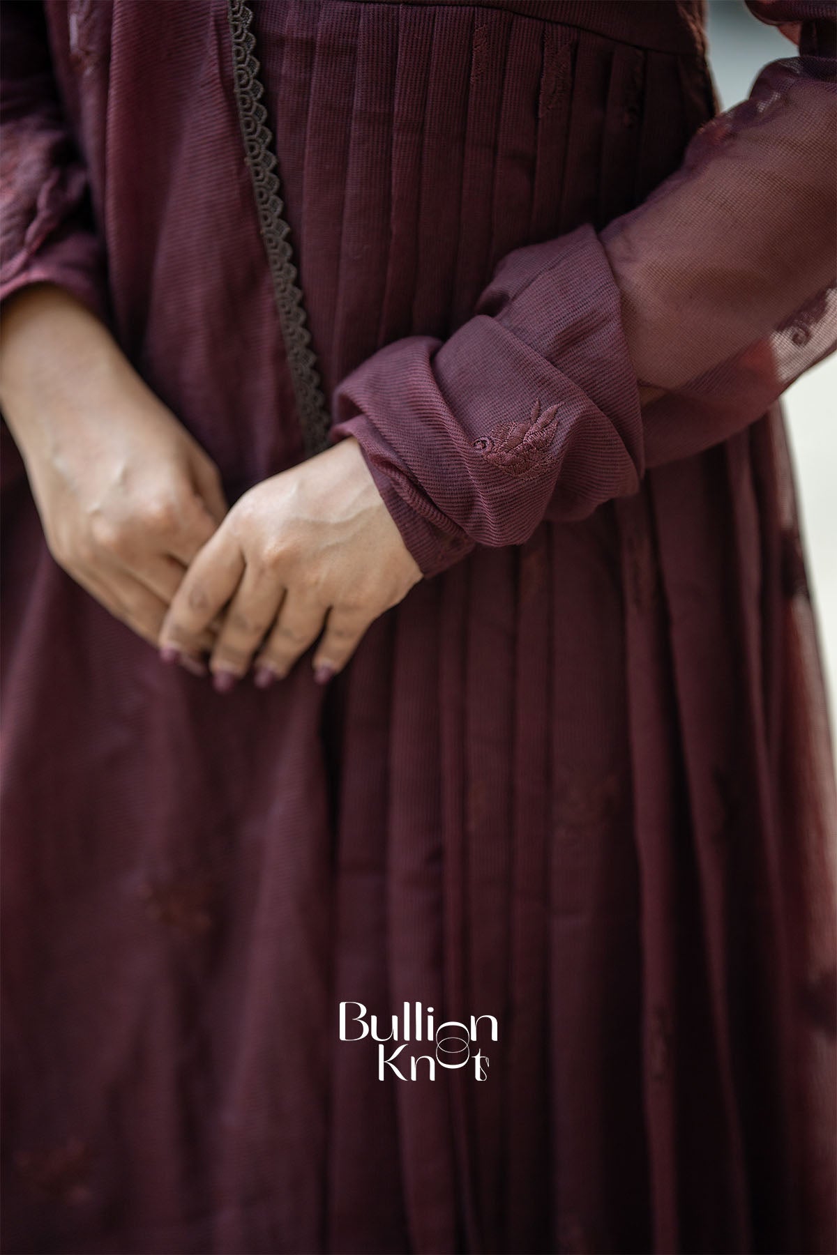 Brown Kota Fabric Anarkali Set with Embroidered Sleeves and Dupatta – BullionKnot