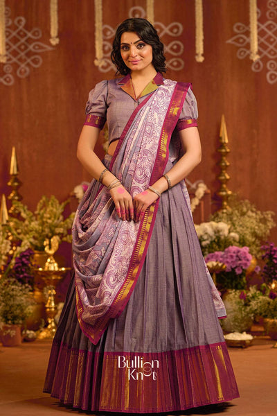 Exclusive Lehenga - Gunika Lehenga Set in Lavender at bullionknot featuring a handloom pleated skirt with zari border and traditional dupatta.
