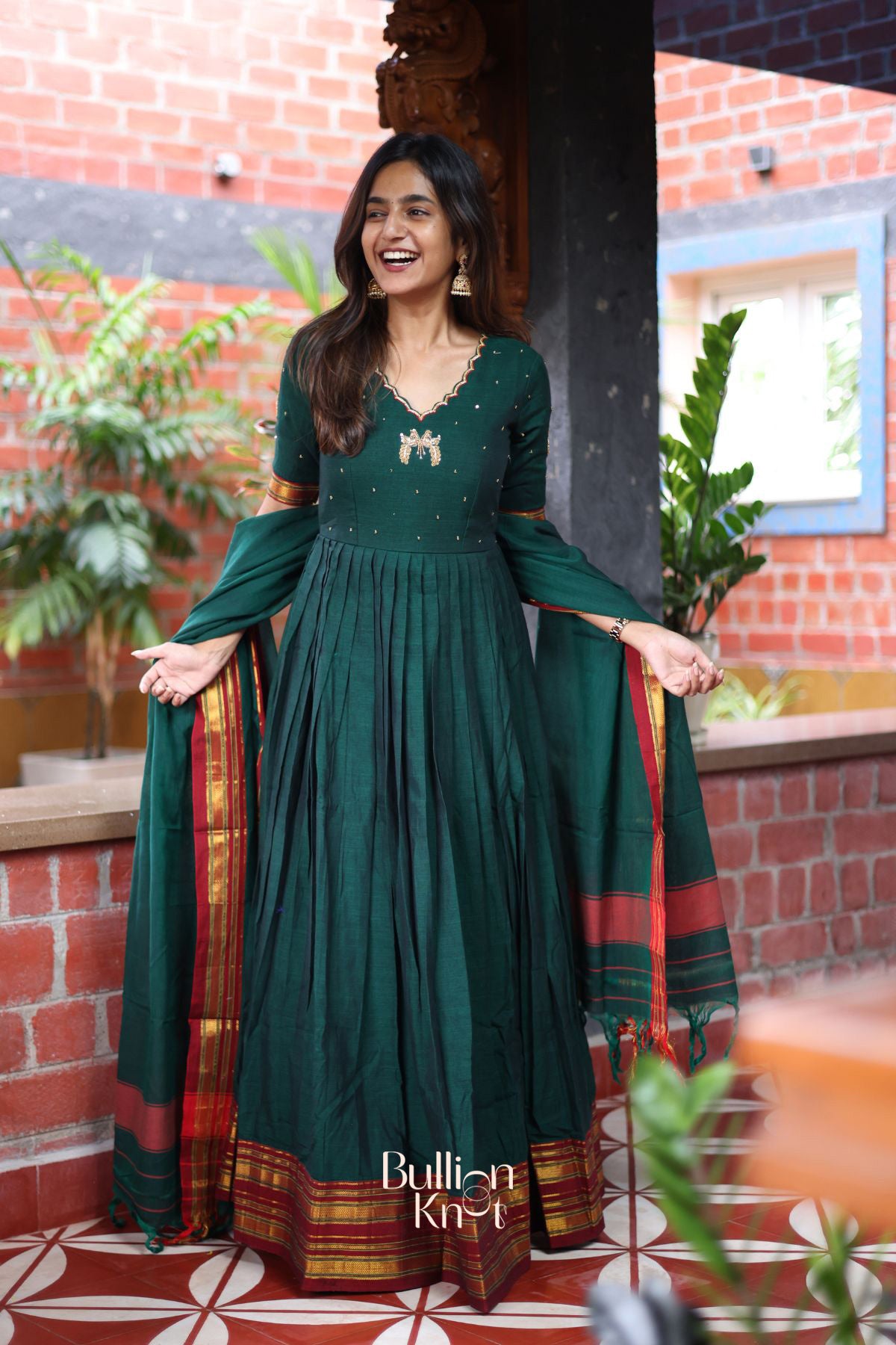 Bunaai Handloom Anarkali (Dress) in Green
