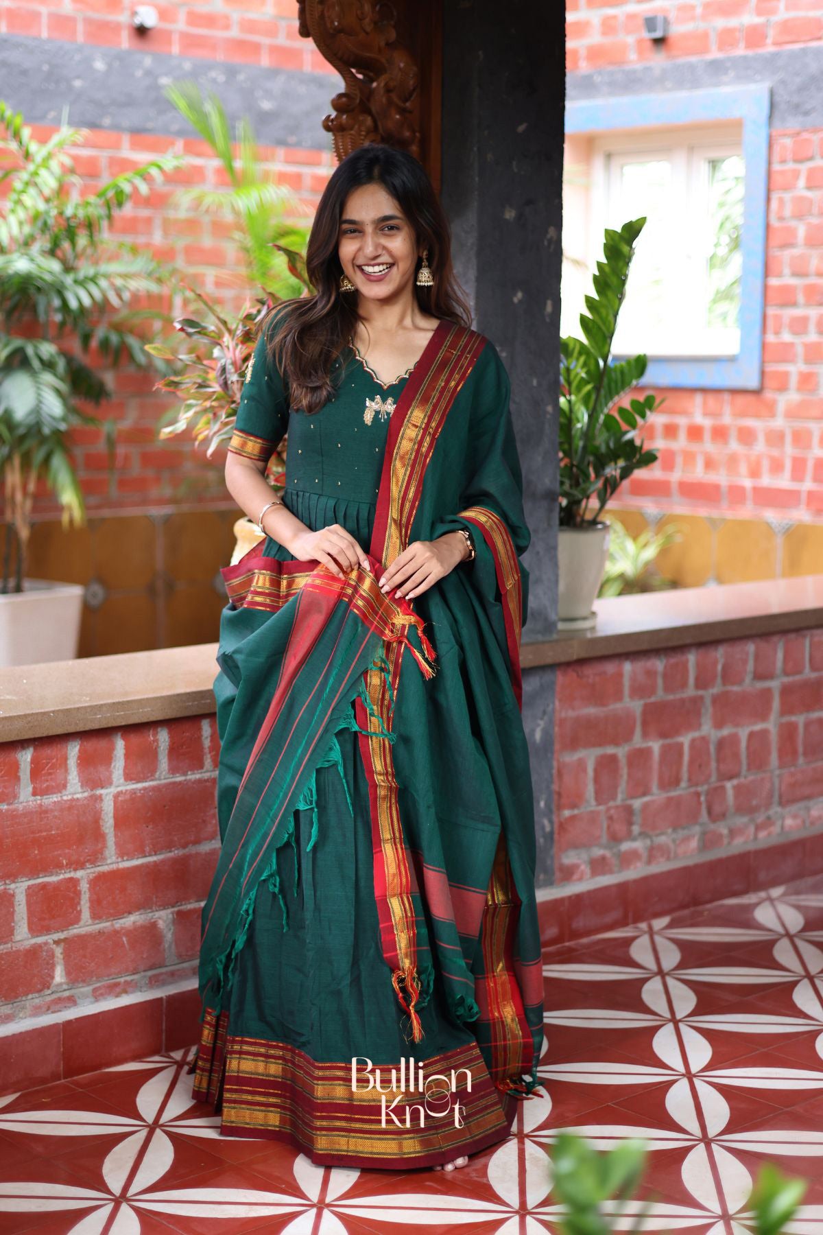 Bunaai Handloom Anarkali (Dress) in Green