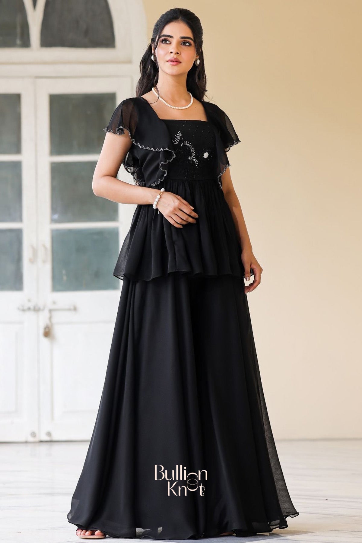 Buy Indo-Western Outfit | Shop Elegant Peplum Top & Palazzo|Celestial Indo Western Black flare sleeves Buy Indo-Western Outfit | Shop Elegant Peplum Top & Palazzo|Celestial Indo Western Black flare sleeves