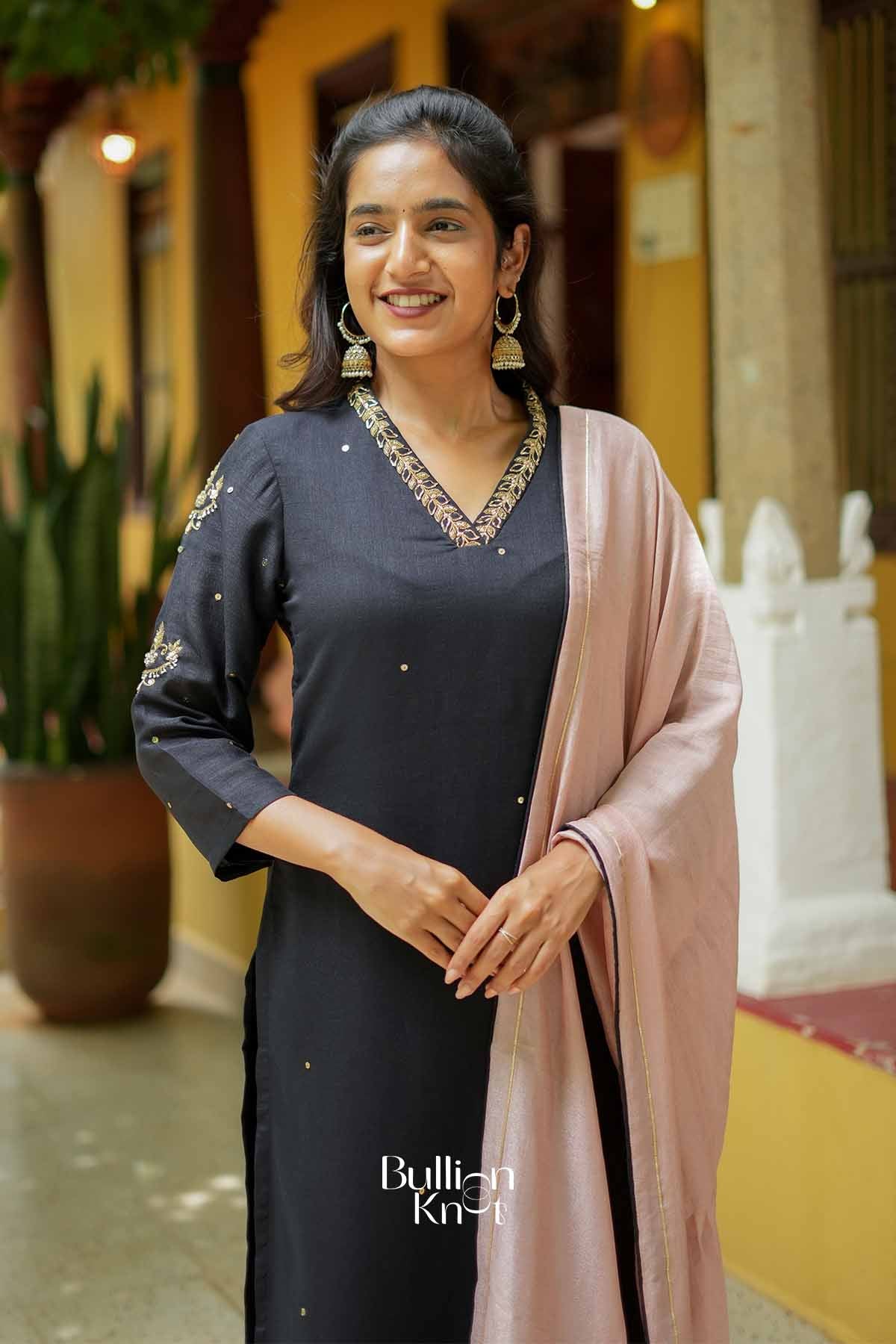 Suhana | Vichitra Silk Black Kurta Set with Blush Dupatta for Casual wear