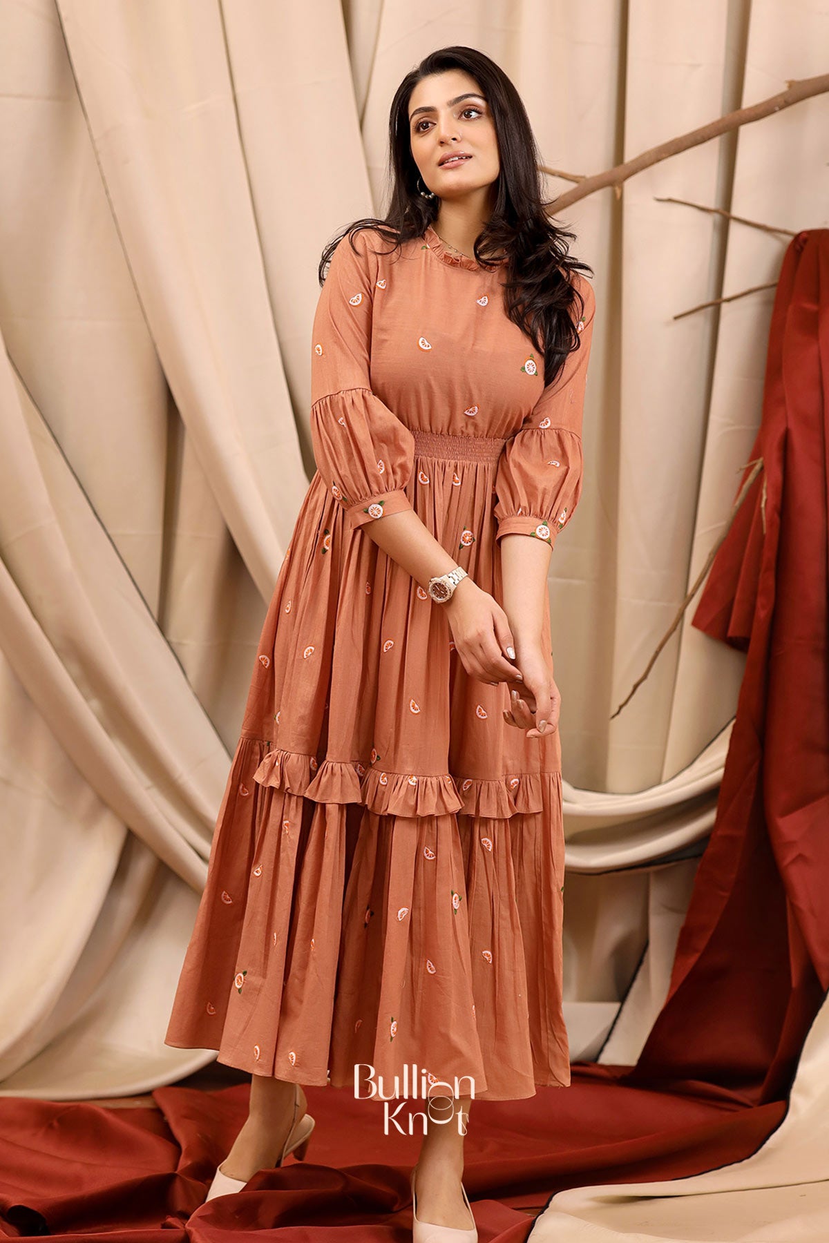 Colimbine Summer Rust Brown Cotton layer Midi Dress Colimbine Summer Rust Brown Cotton layer Midi Dress