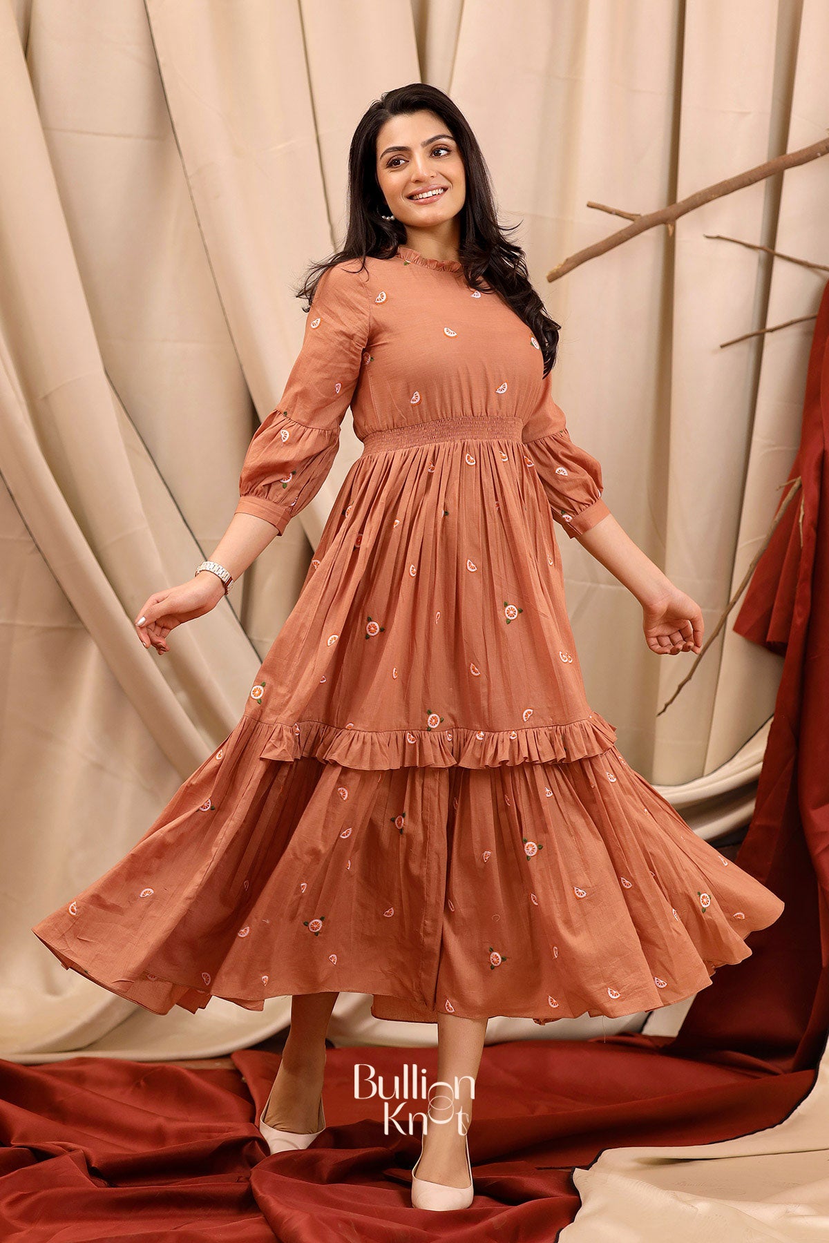 Buy Trendy Cotton Layered Midi|Colimbine Summer Rust Brown Cotton layer Midi Dress Buy Trendy Cotton Layered Midi|Colimbine Summer Rust Brown Cotton layer Midi Dress