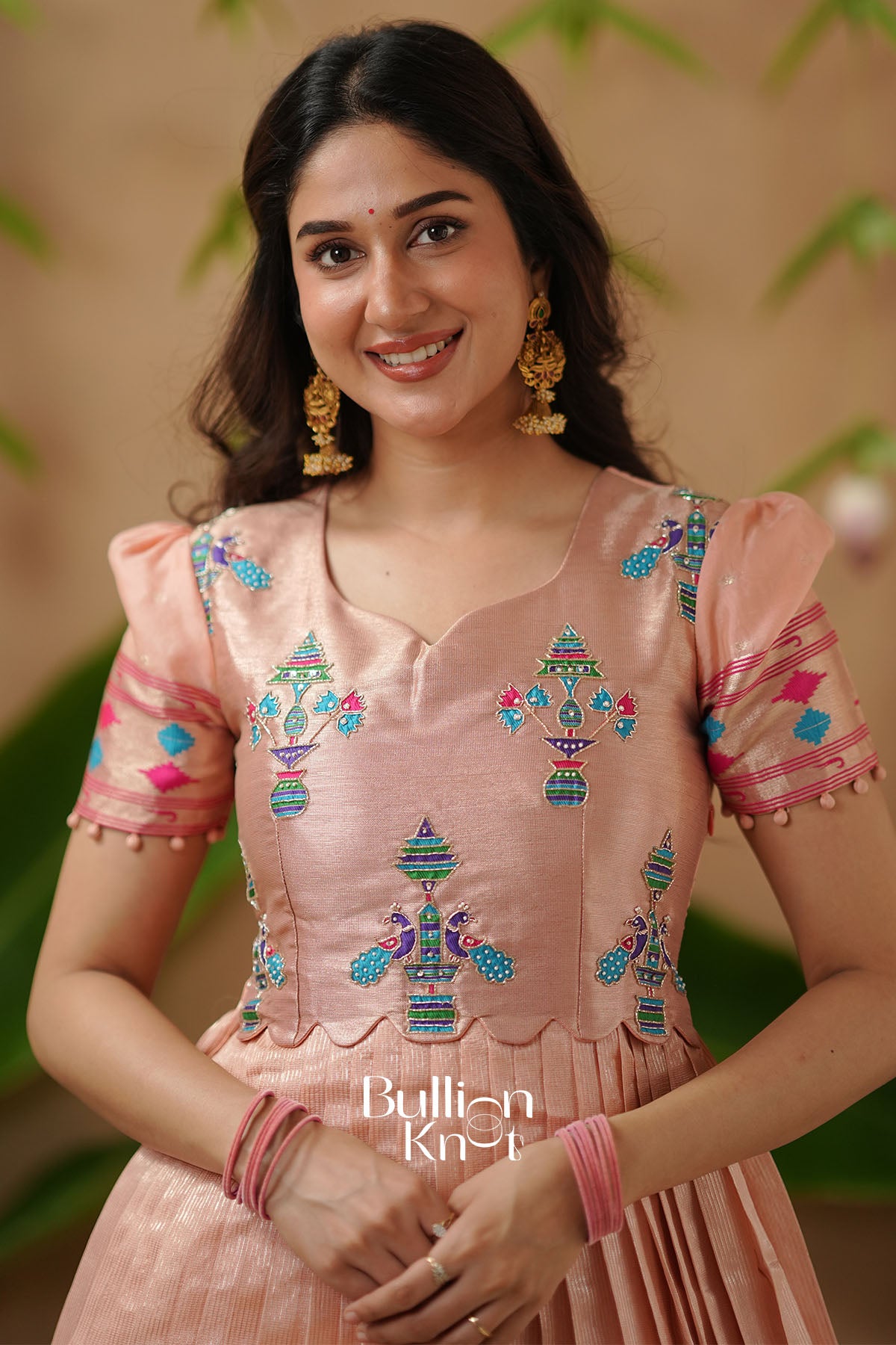 Hanshmukti Paithani Silk Anarkali Dress in Peach with Dupatta L / Pink Hanshmukti Paithani Silk Anarkali Dress in Peach with Dupatta L / Pink