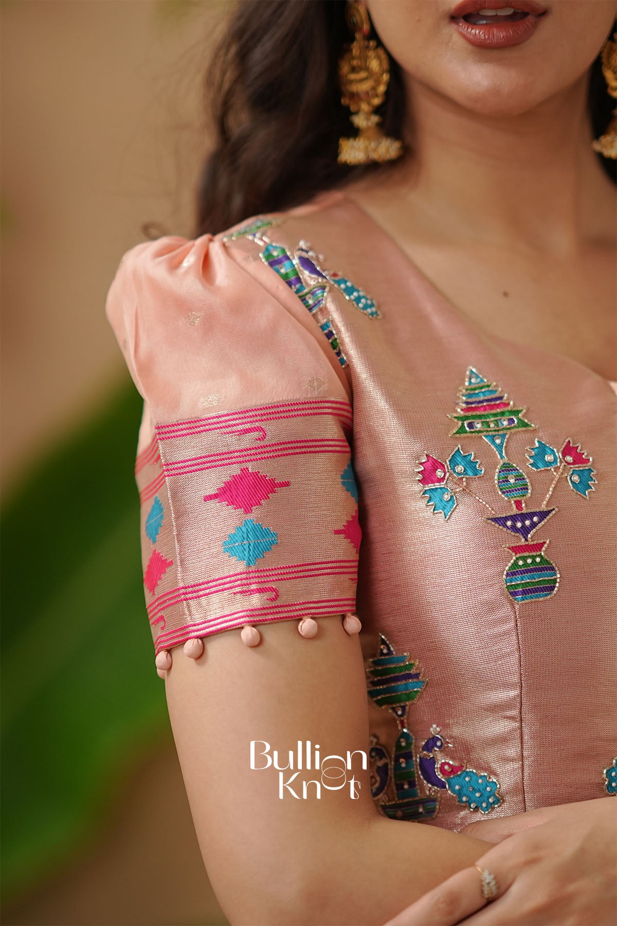 Hanshmukti Paithani Silk Anarkali Dress in Peach with Dupatta L / Pink