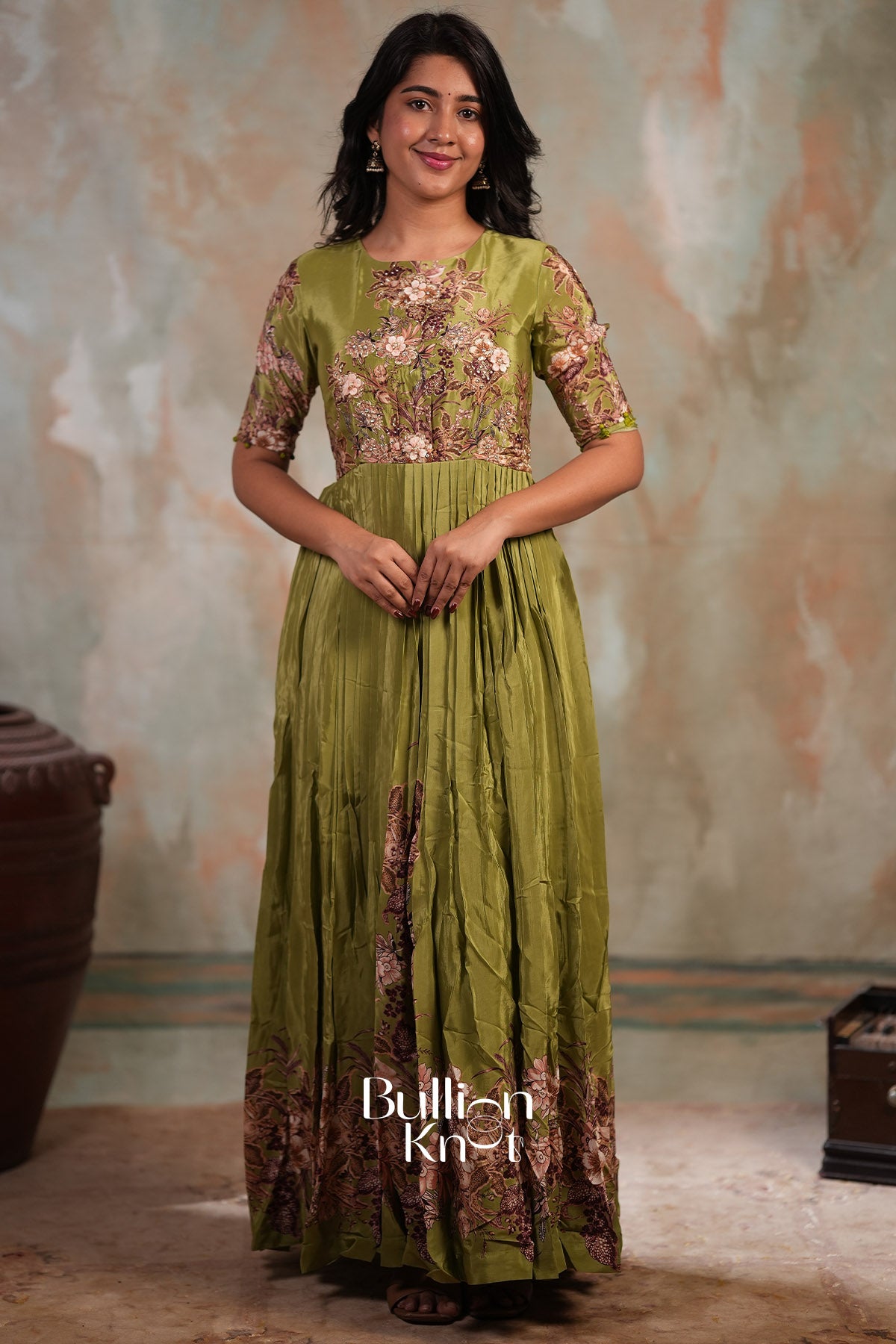 Glorencia Soft Crepe Long Dress In Green