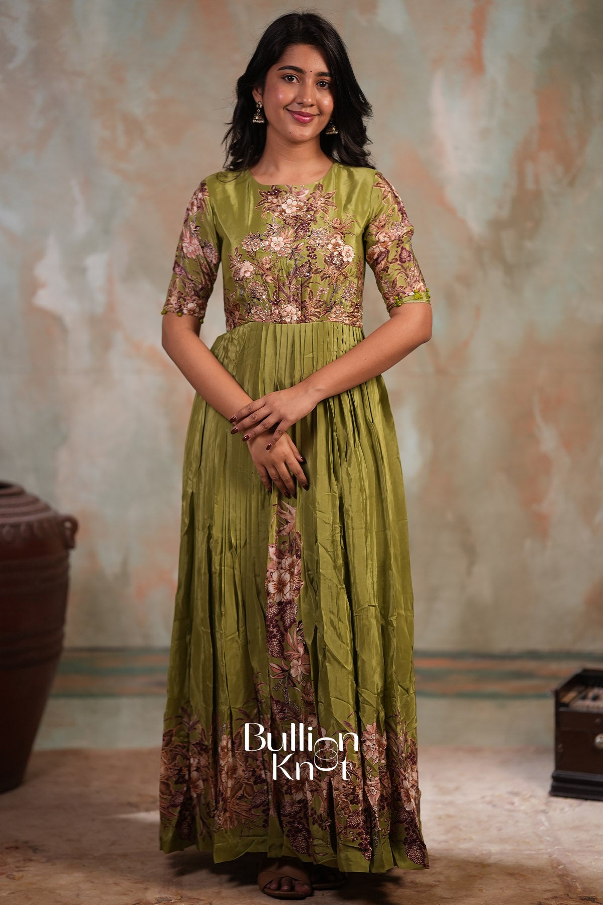 Glorencia Soft Crepe Long Dress In Green