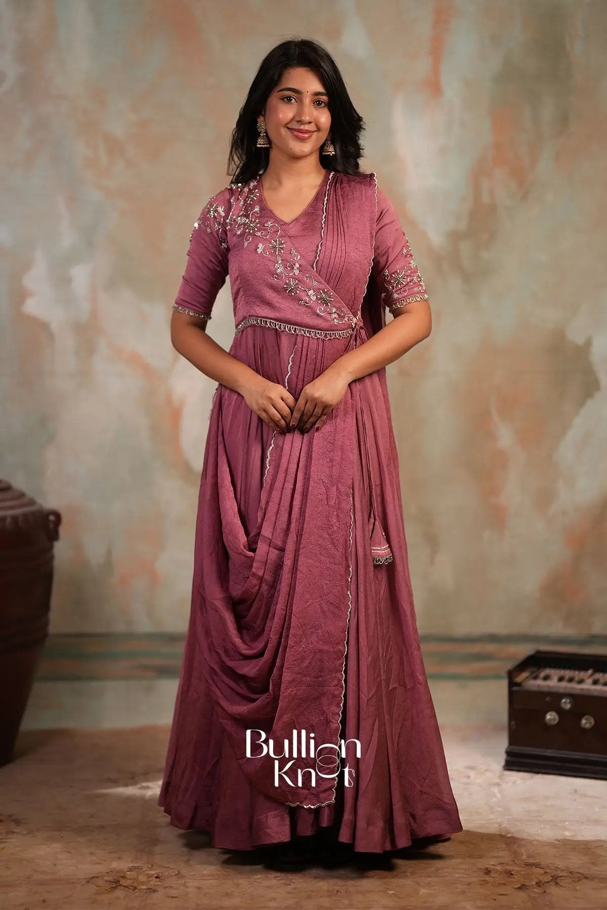 Taarika Drape Crush silk Dress in Pink