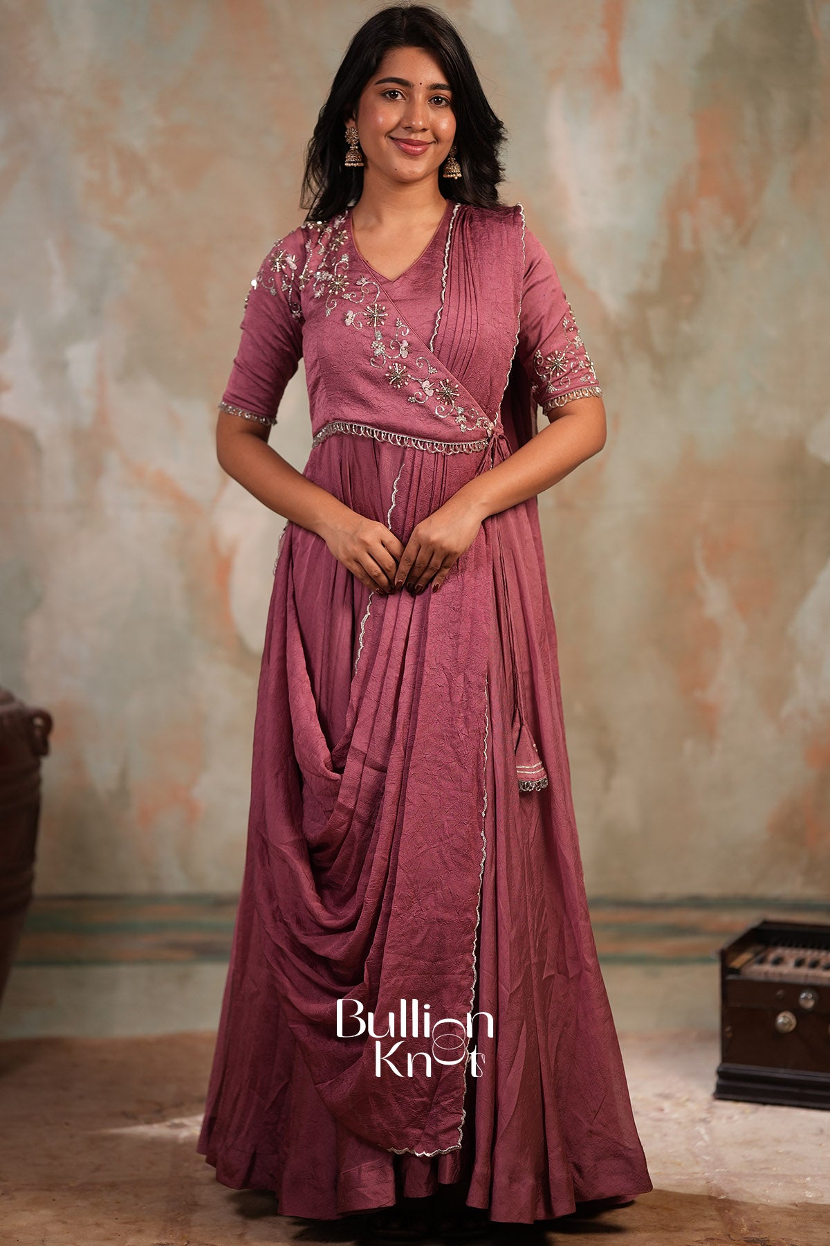 Taarika Drape Crush silk Dress in Onion