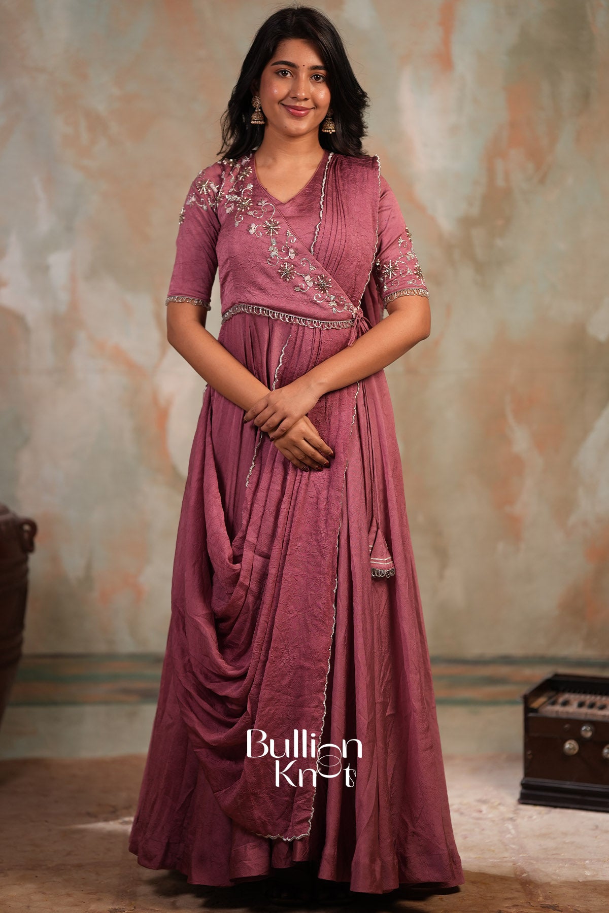 Taarika Drape Crush silk Dress in Onion