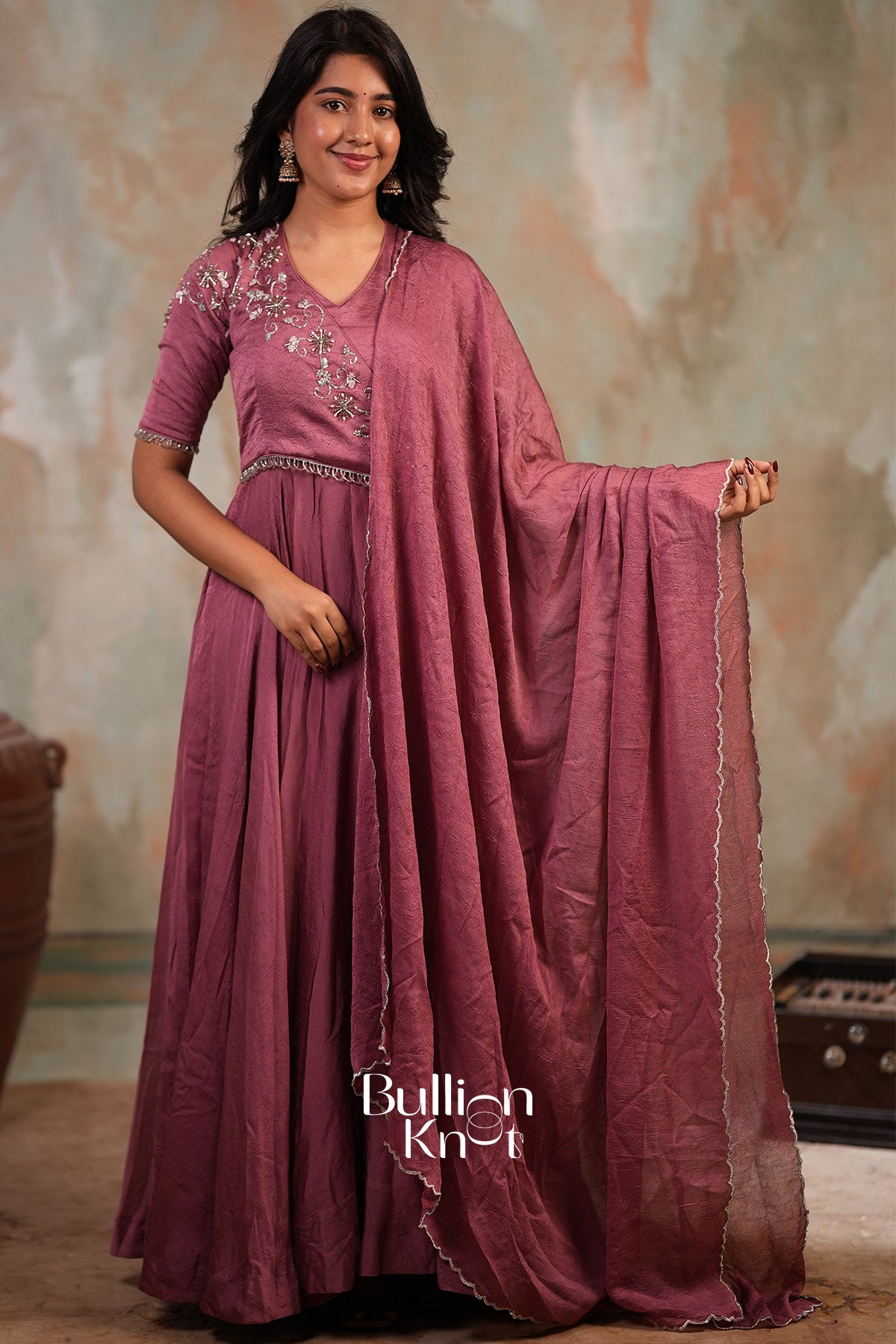 Taarika Drape Crush silk Dress in Onion