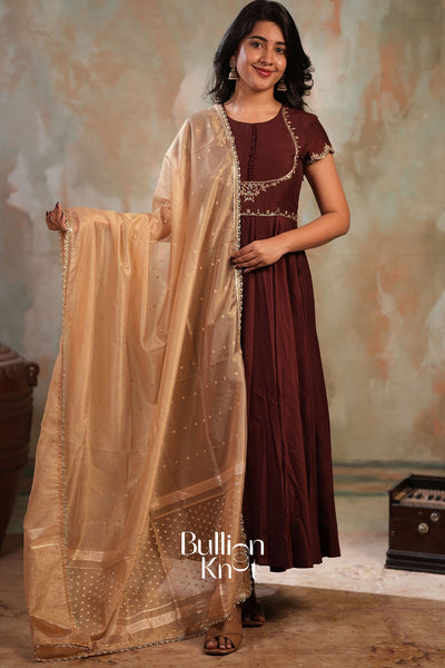 Padmika Chanderi Silk Anarkali Dress in Mocha Brown