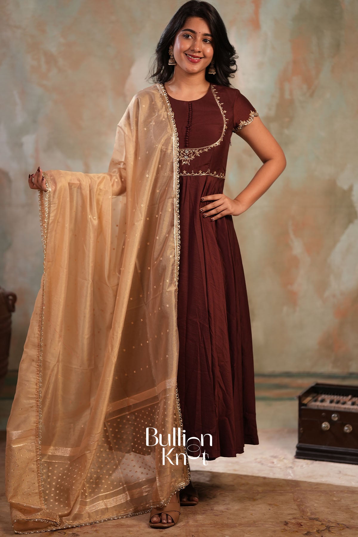 Padmika Chanderi Silk Anarkali Dress in Mocha Brown