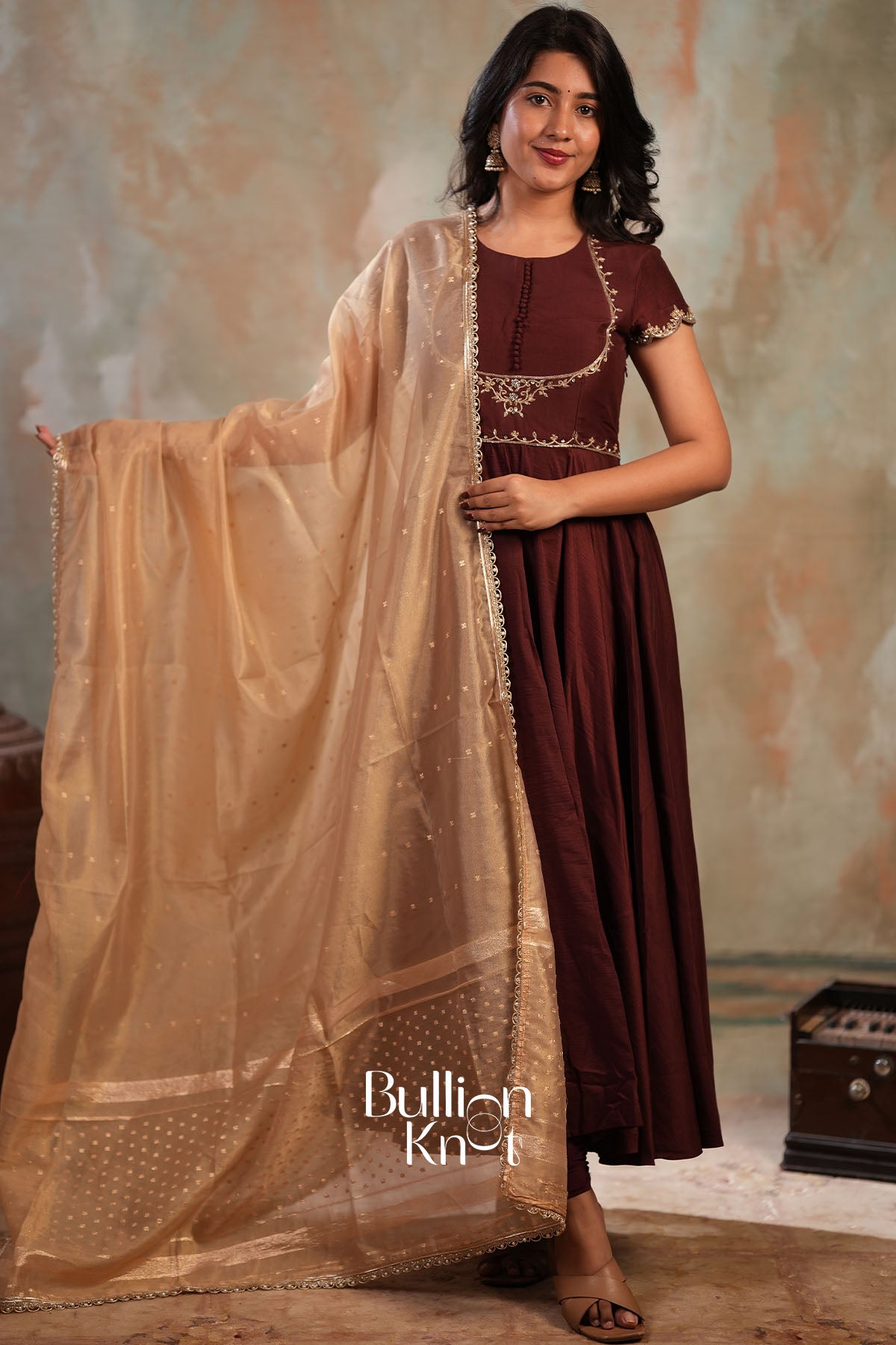 Padmika Chanderi Silk Anarkali Dress in Mocha Brown