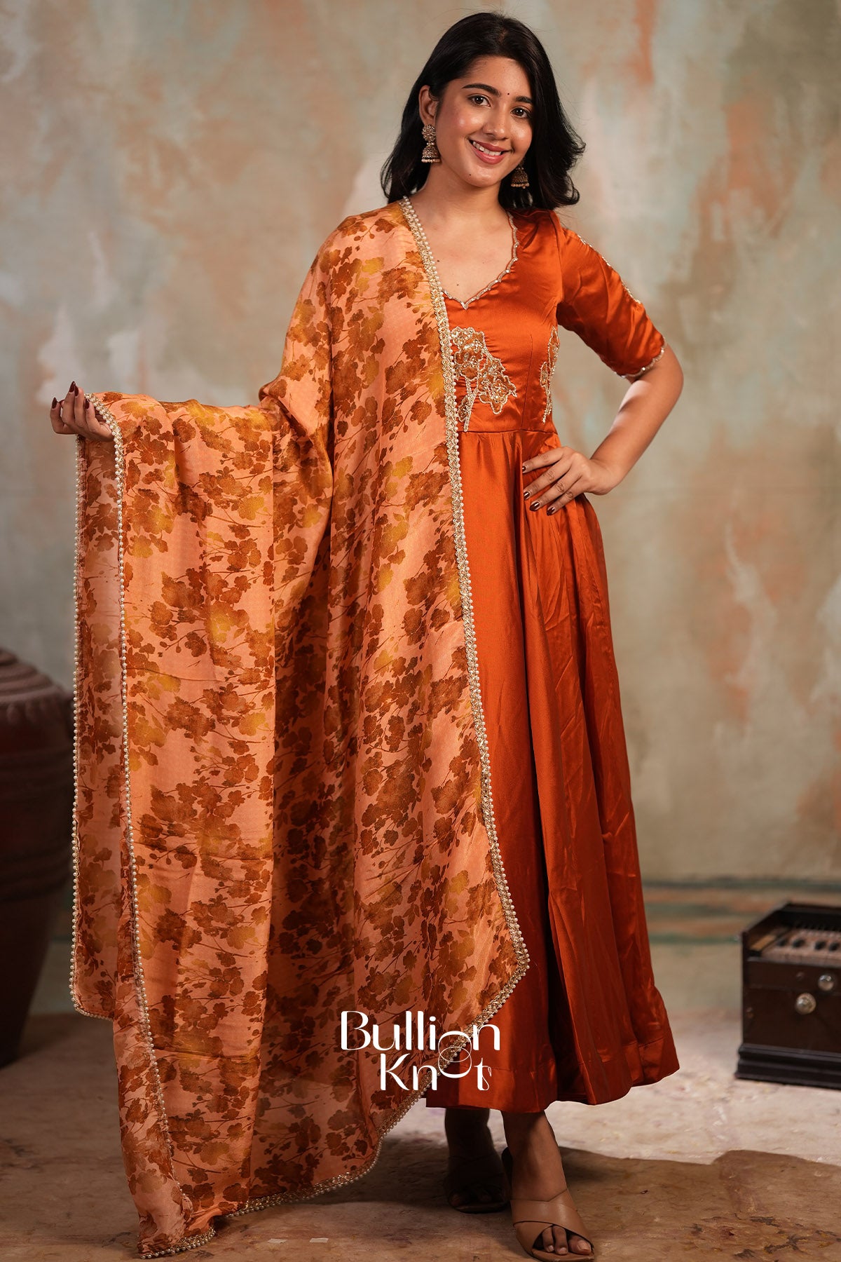 Suhaani Rangoli Silk Fully Stitched Anarkali Dress In Rust