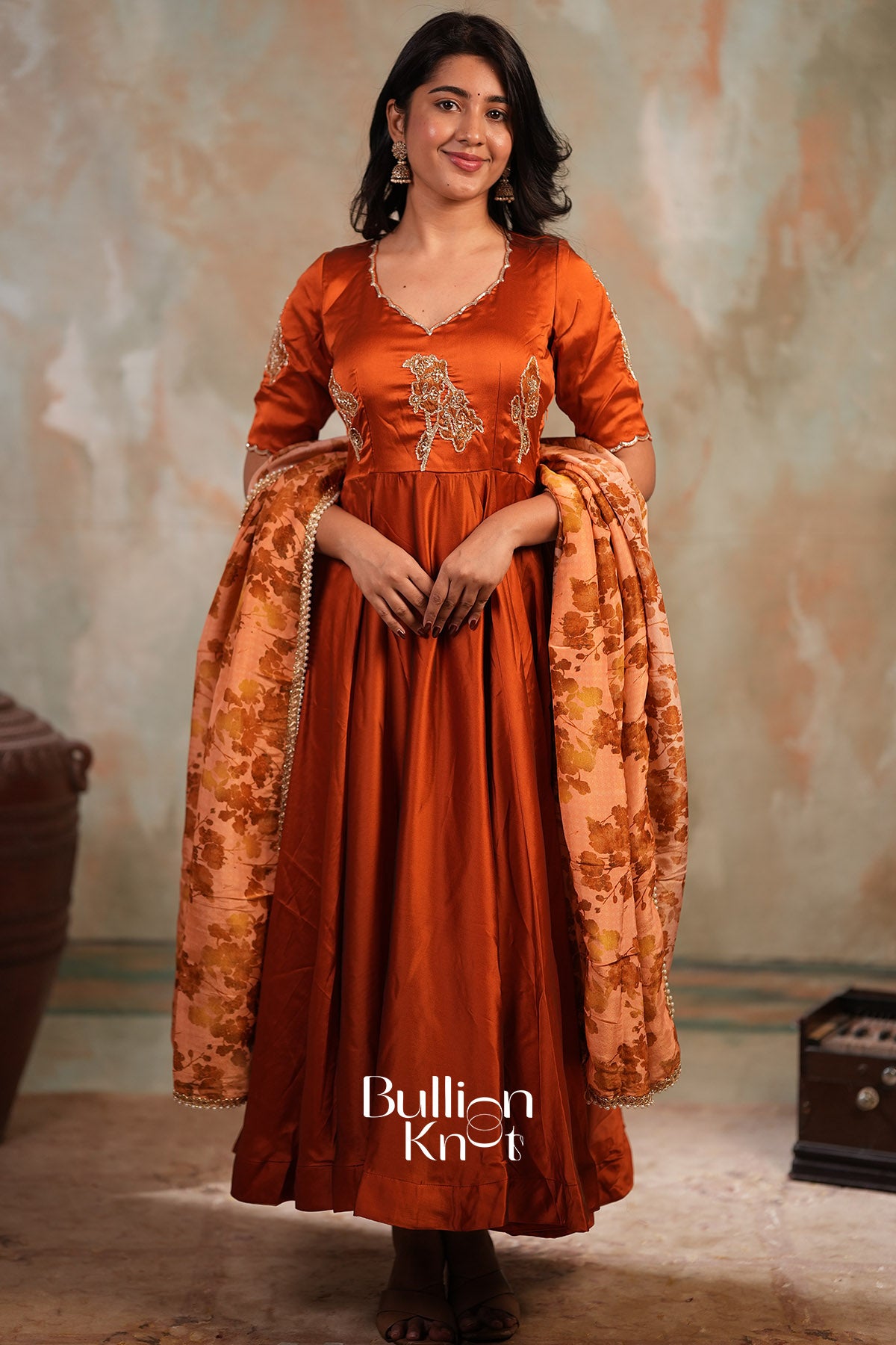 Suhaani Rangoli Silk Fully Stitched Anarkali Dress In Rust