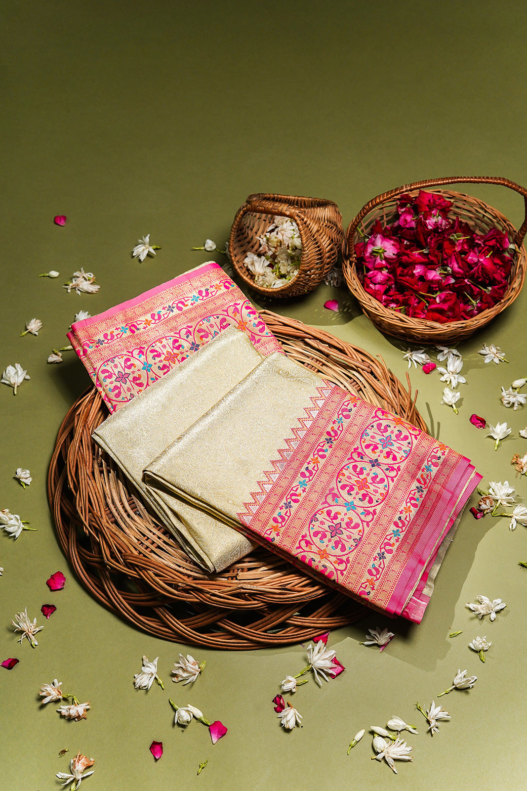 Kanchipuram Silk Brocade Ivory And Pink Saree