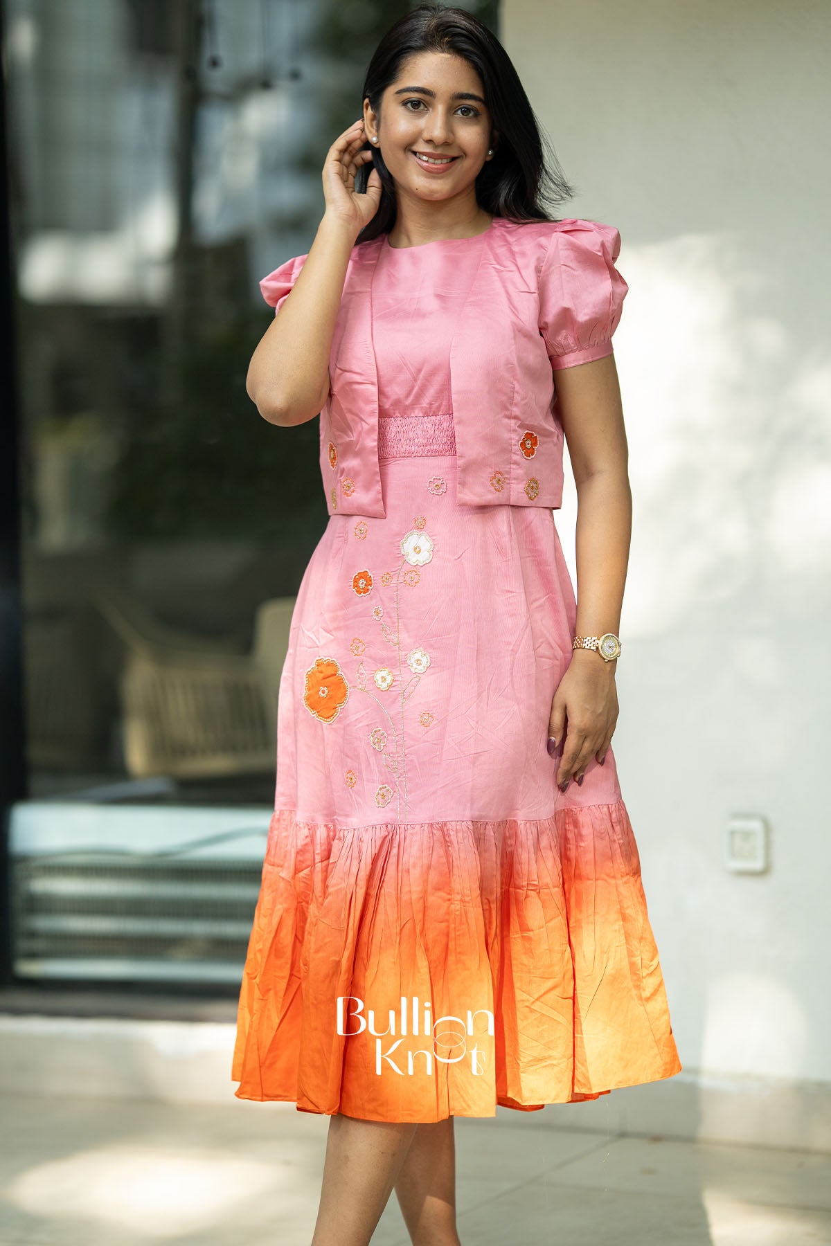 Daisy Pink Chanderi Jacket Midi Dress for women – elegant handwoven festive wear