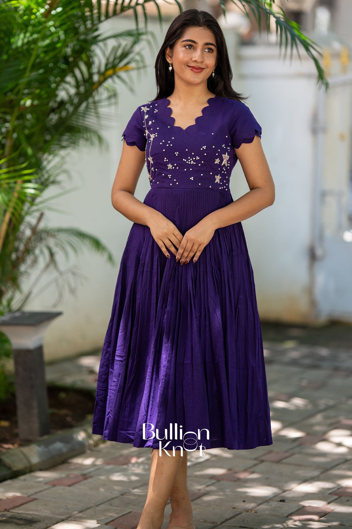 Galaxy Blue Mul Cotton Handwork Midi Dress