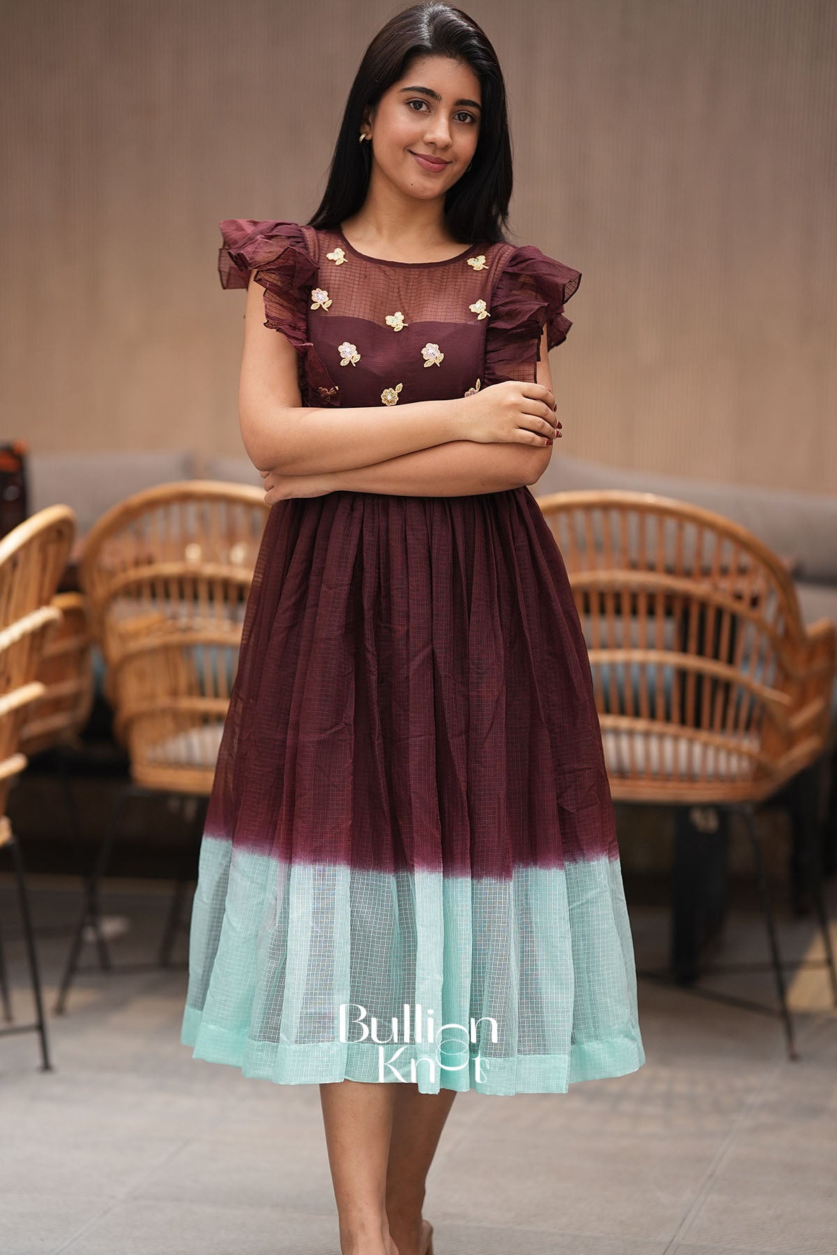 Glowtide Brown Kota Ruffle Midi Dress