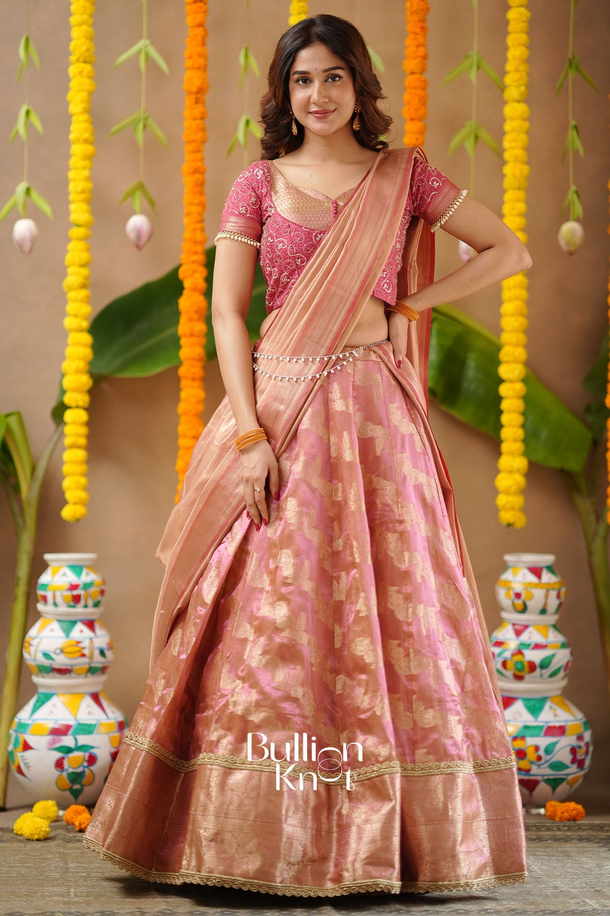 Pratiksha 2-In-1 Tissue Zari Lehenga Set In Peach Gold