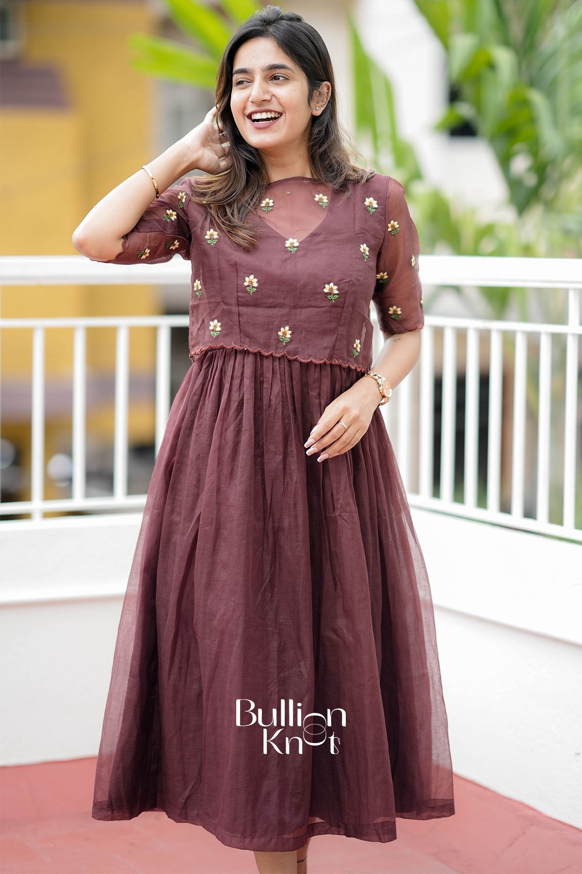 Tinyphool Kota Doria Midi Dress in Brown - Elegant Jacket Dress | Bullionknot Tinyphool Kota Doria Midi Dress in Brown - Elegant Jacket Dress | Bullionknot