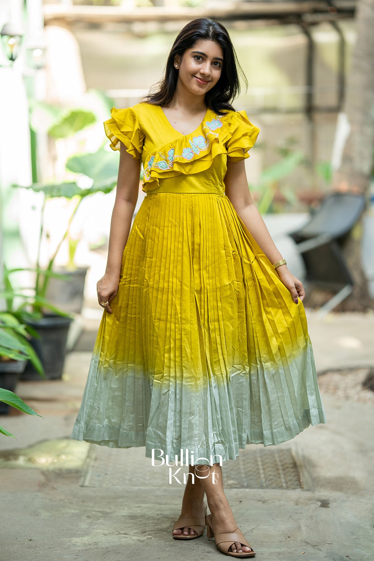Pistacheoin Lime Yellow Chanderi Knife-pleated Midi Dress