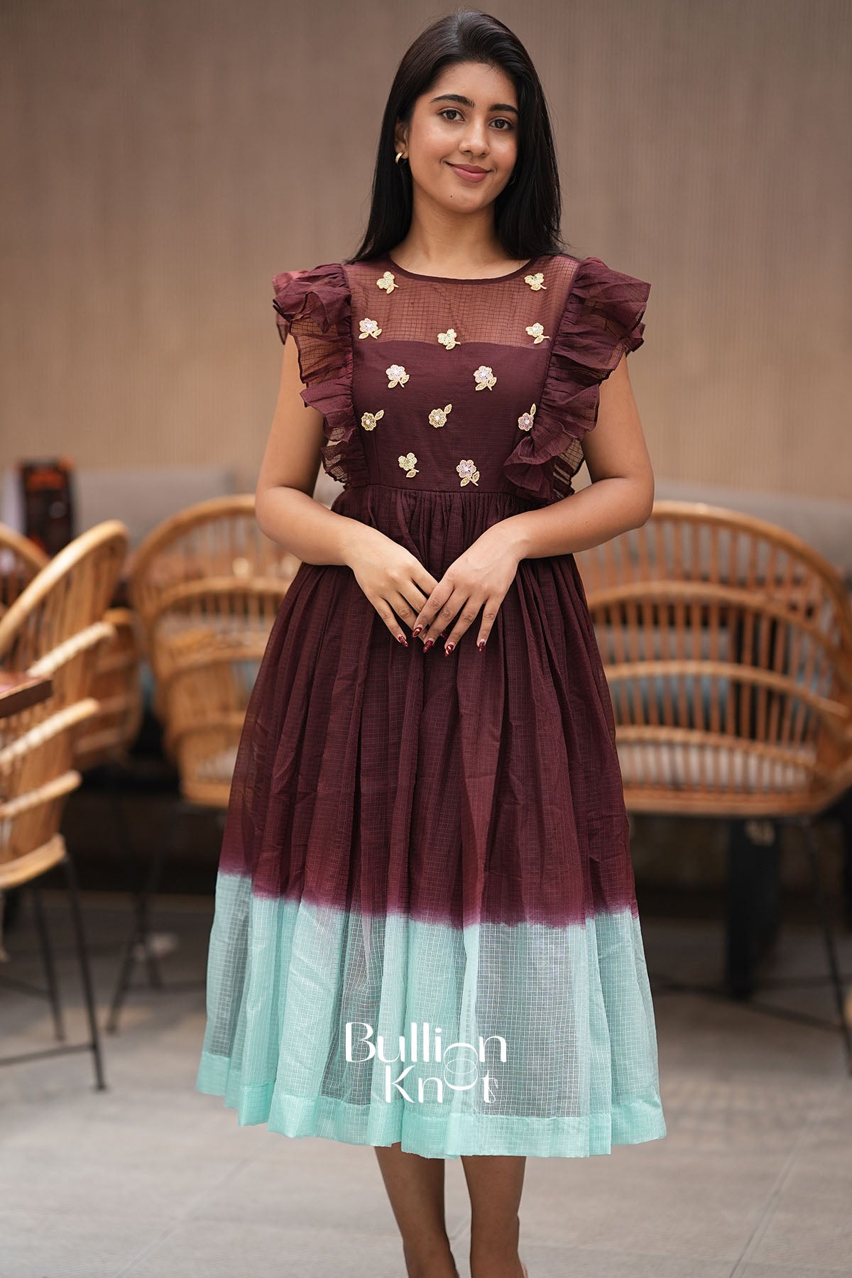 Glowtide Brown Kota Ruffle Midi Dress