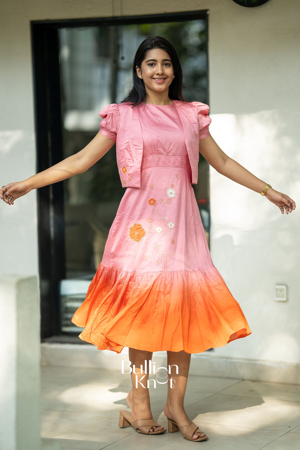 Daisy Pink Chanderi Jacket Midi Dress for women – elegant handwoven festive wear