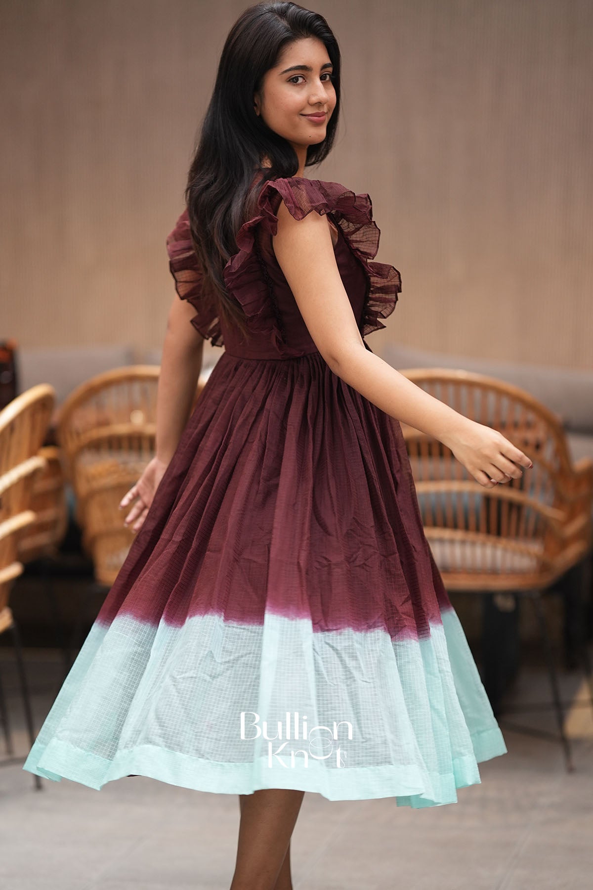 Glowtide Brown Kota Ruffle Midi Dress