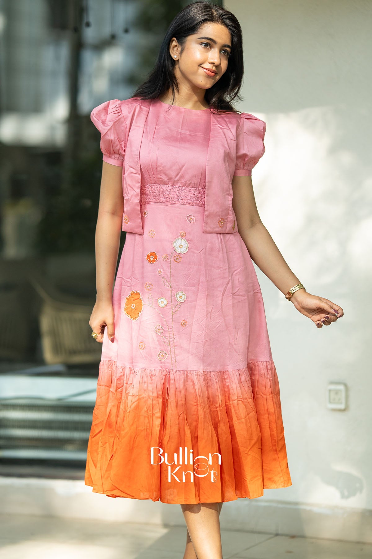 Daisy Pink Chanderi Jacket Midi Dress for women – elegant handwoven festive wear