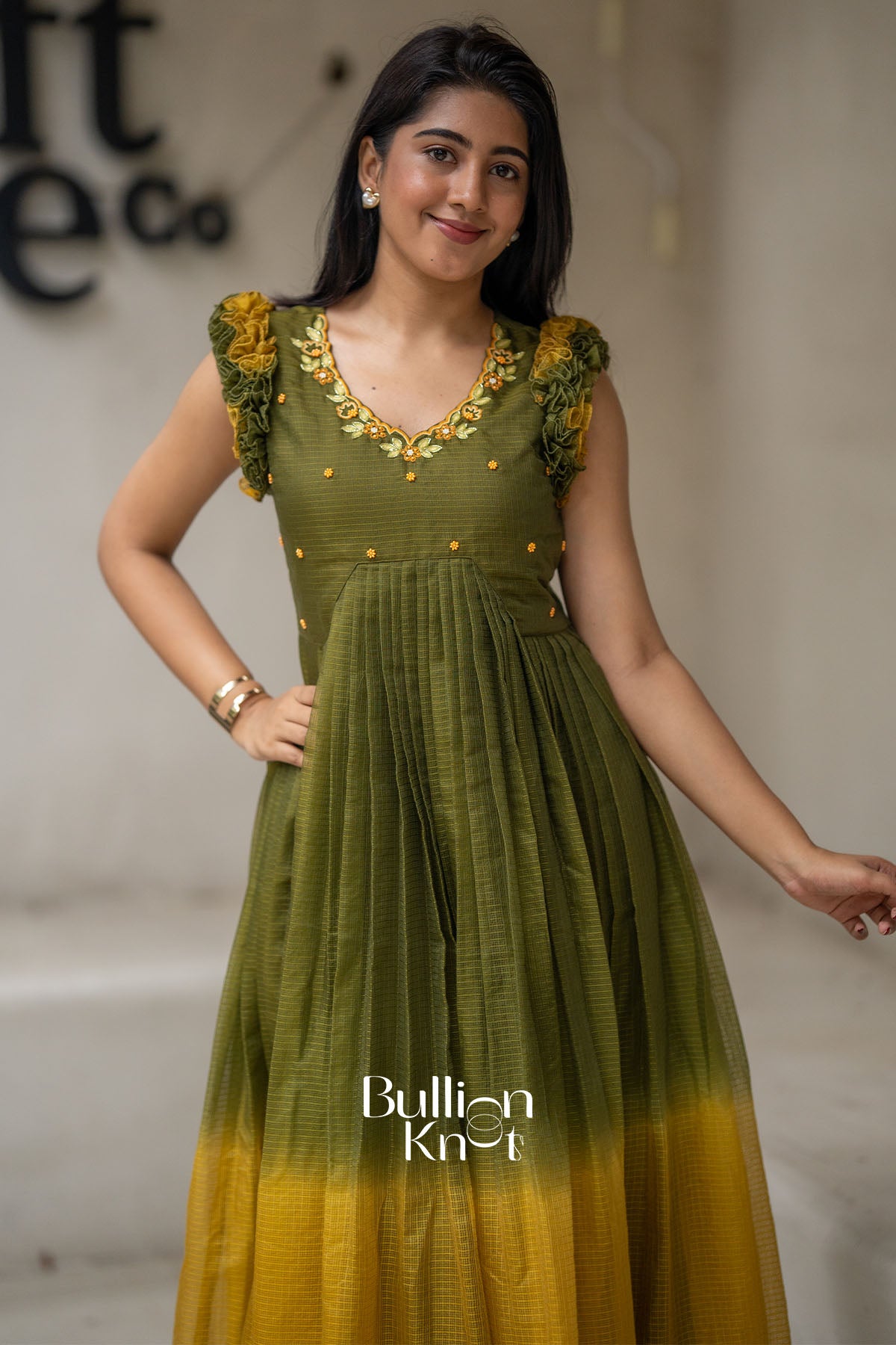 Teracotta Olive Green Kota Ruffle Midi Dress