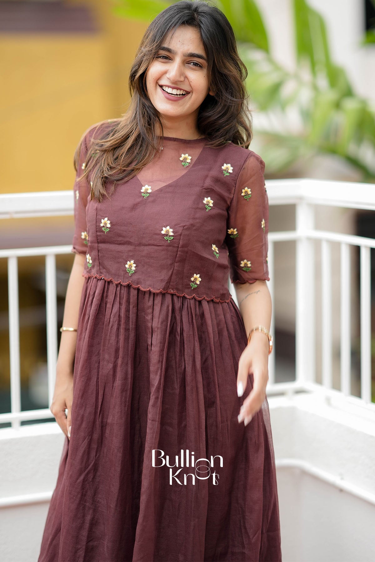 Tinyphool Brown Kota Mock-Embroidered Jacket Midi Dress