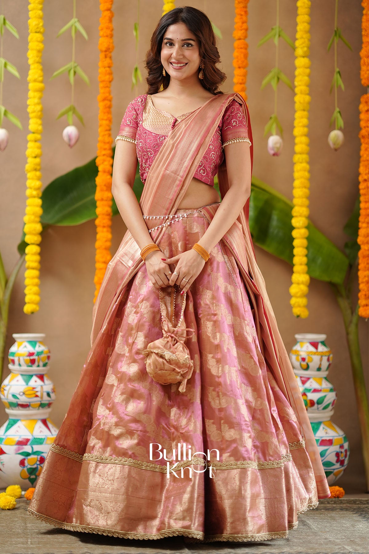 Pratiksha 2-In-1 Tissue Zari Lehenga Set In Peach Gold