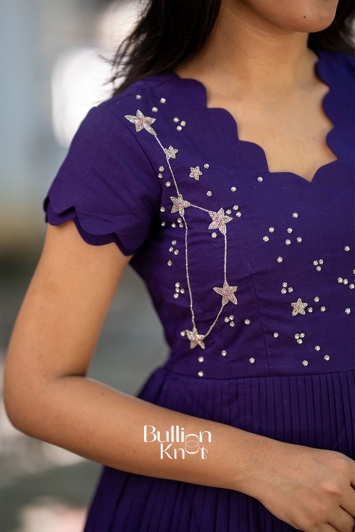 Galaxy Blue Mul Cotton Midi Dress - Galaxy Mul Cotton Midi Dress in Blue |  Handwork details, Side zip.
