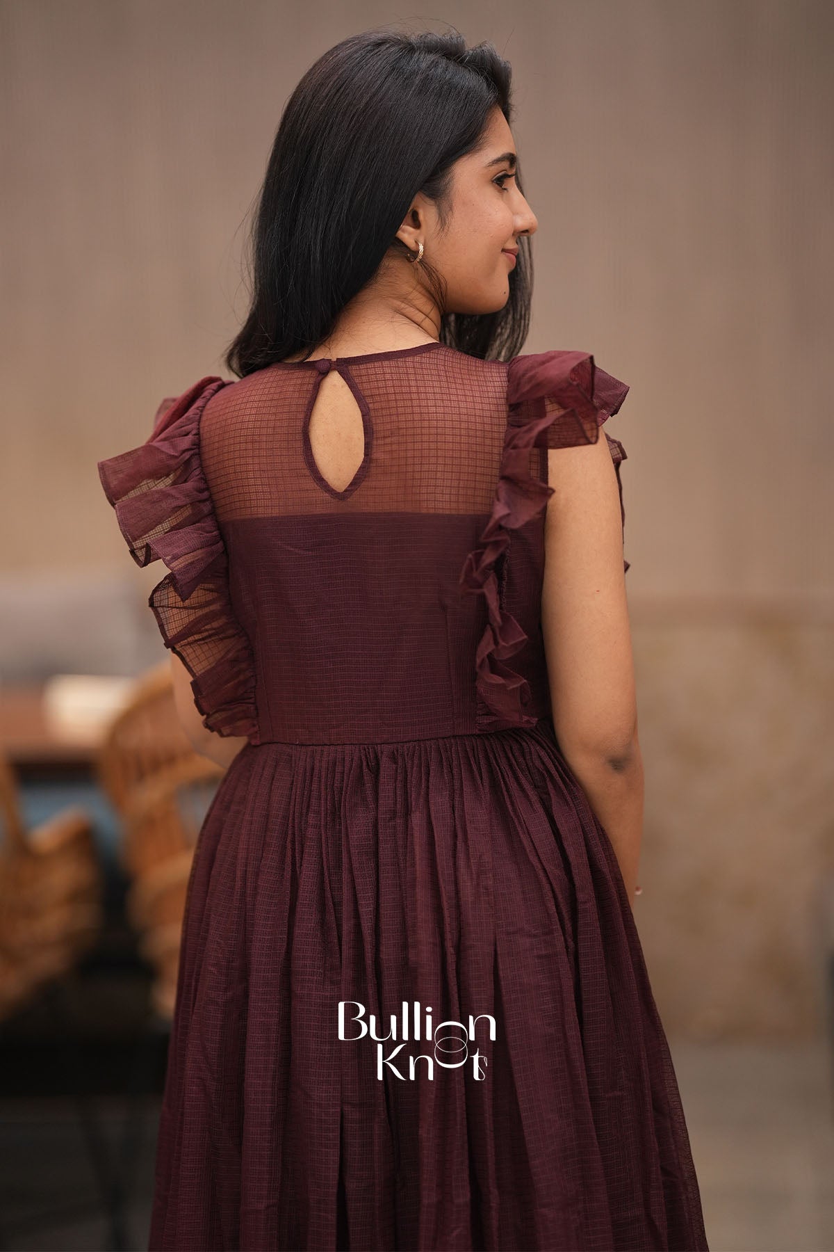 Glowtide Brown Kota Ruffle Midi Dress