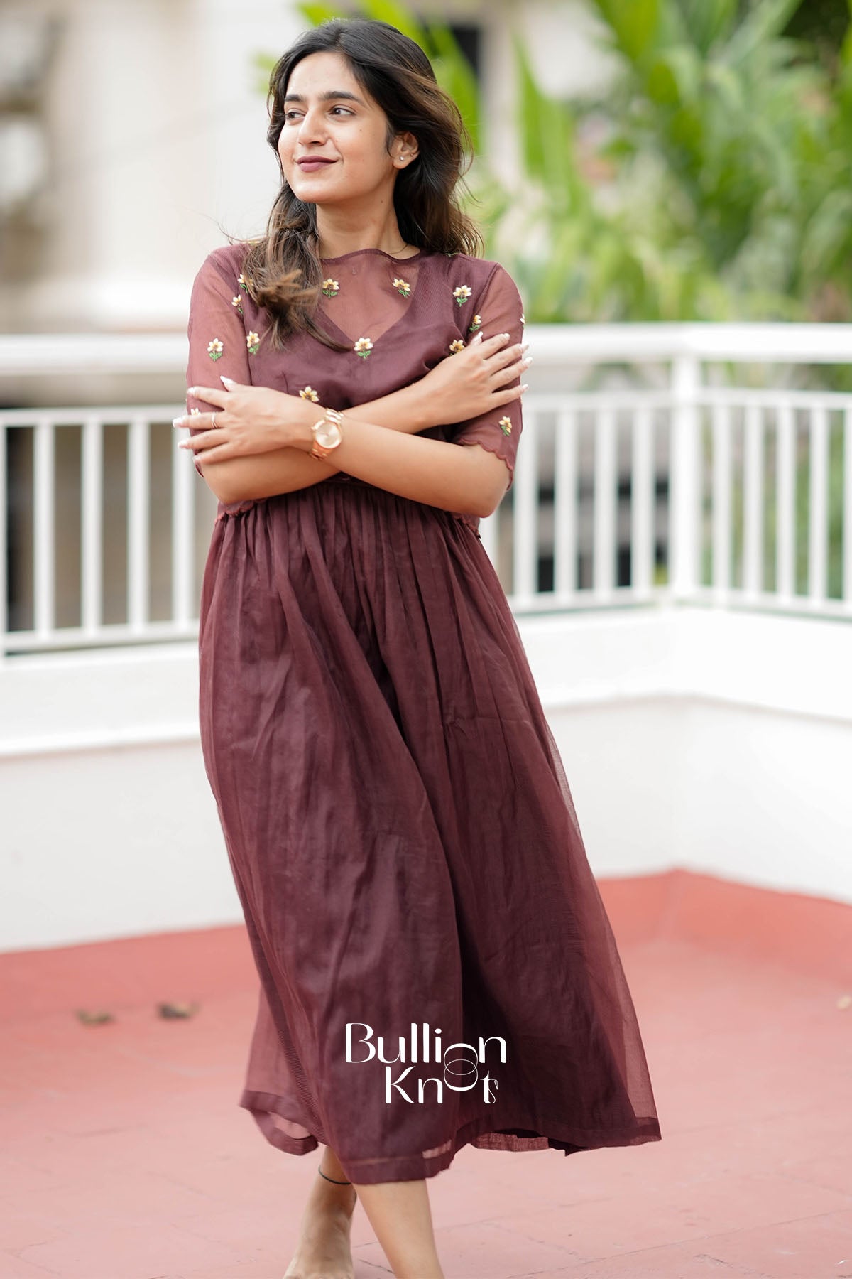 Tinyphool Brown Kota Mock-Embroidered Jacket Midi Dress