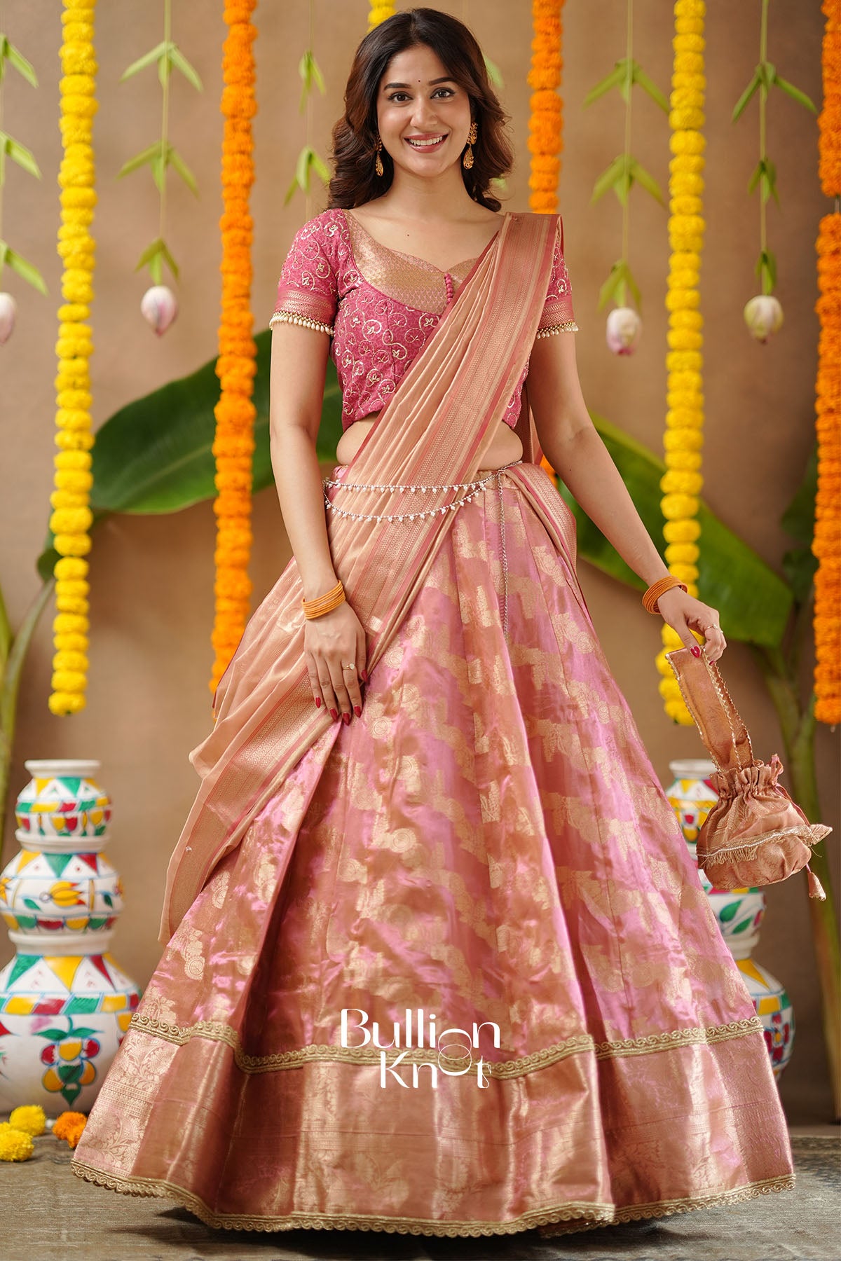 Pratiksha 2-In-1 Tissue Zari Lehenga Set In Peach Gold
