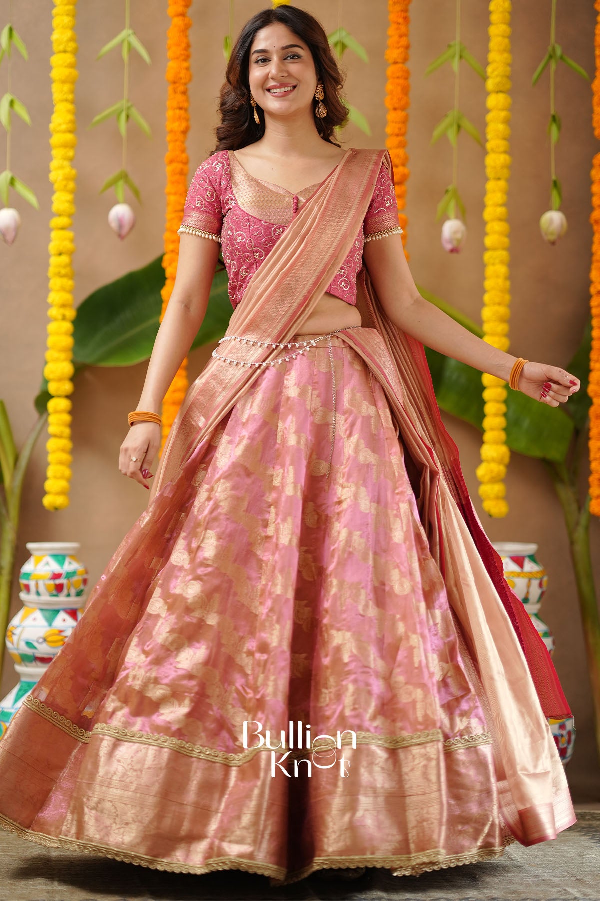 Pratiksha 2-In-1 Tissue Zari Lehenga Set In Peach Gold